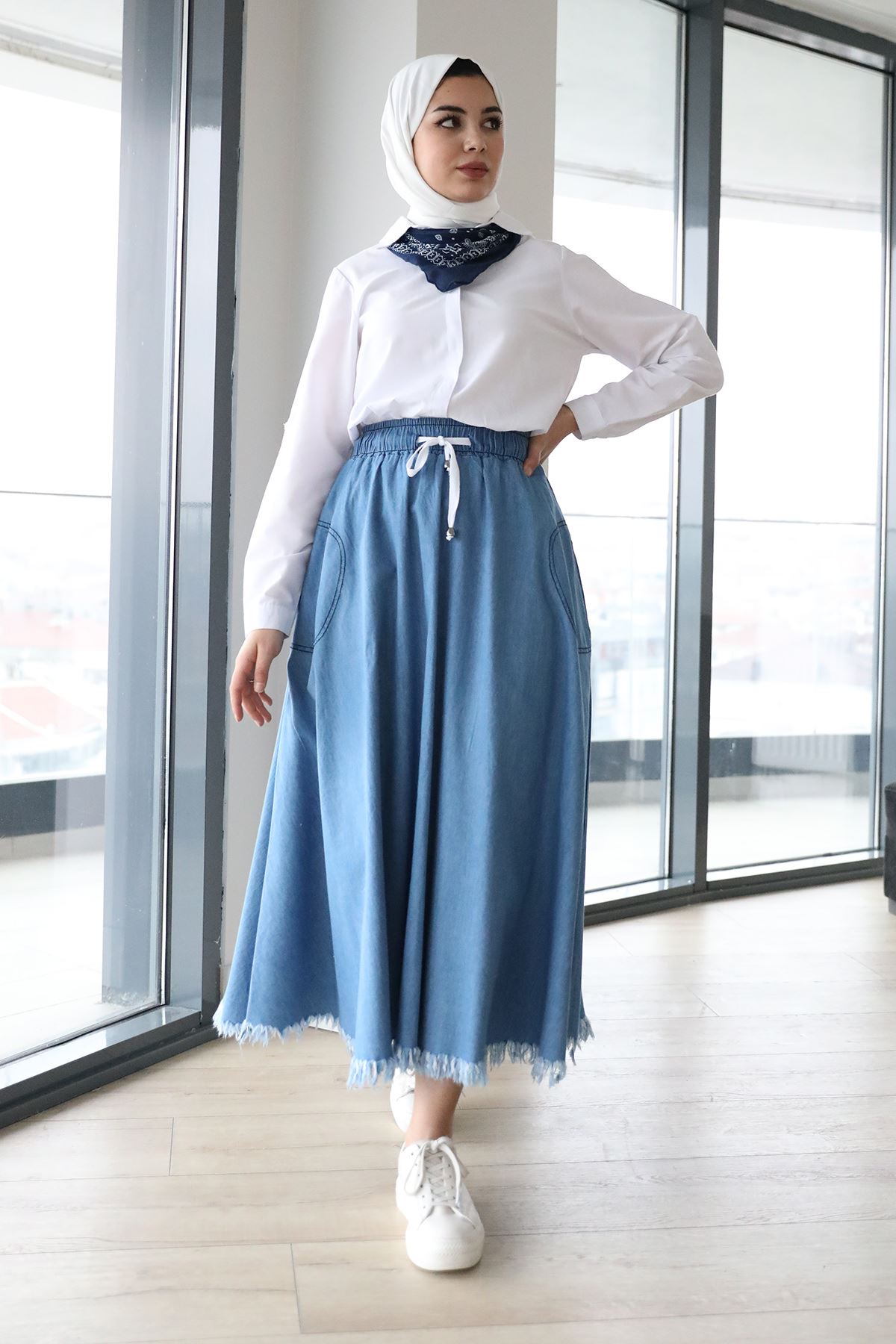 Püsküllü Kot Etek-Mavi