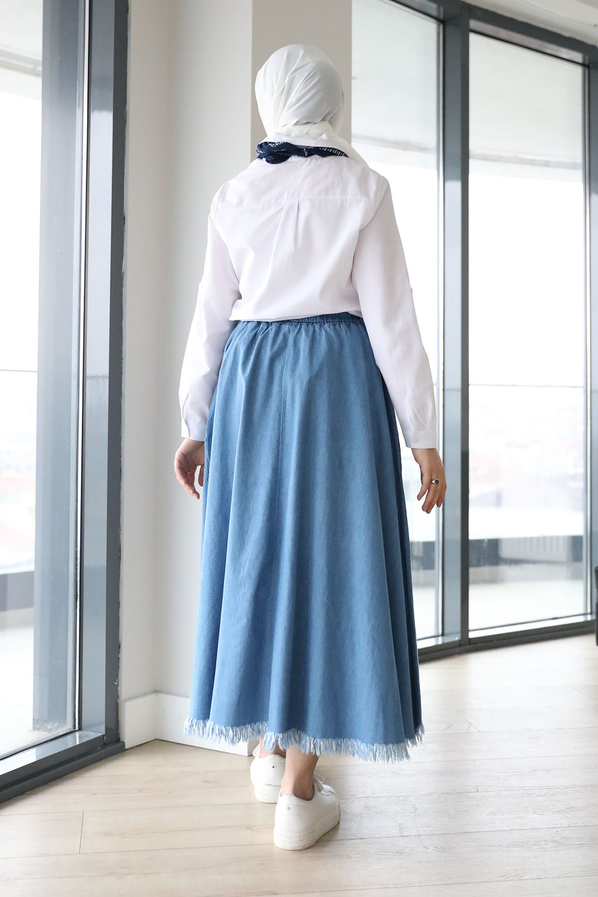 Püsküllü Kot Etek-Mavi
