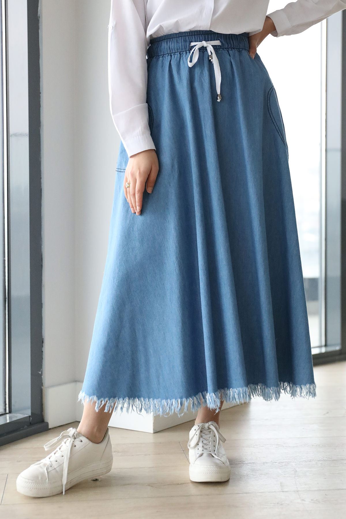 Püsküllü Kot Etek-Mavi