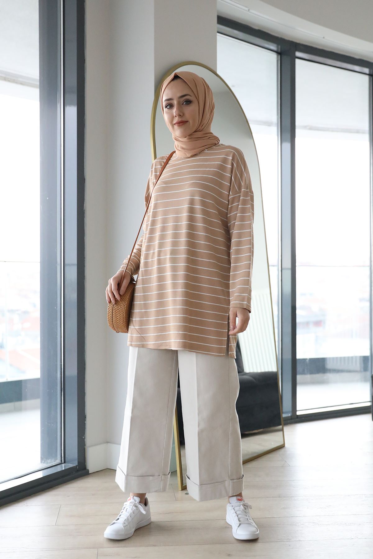 Çizgili Tunik-Camel