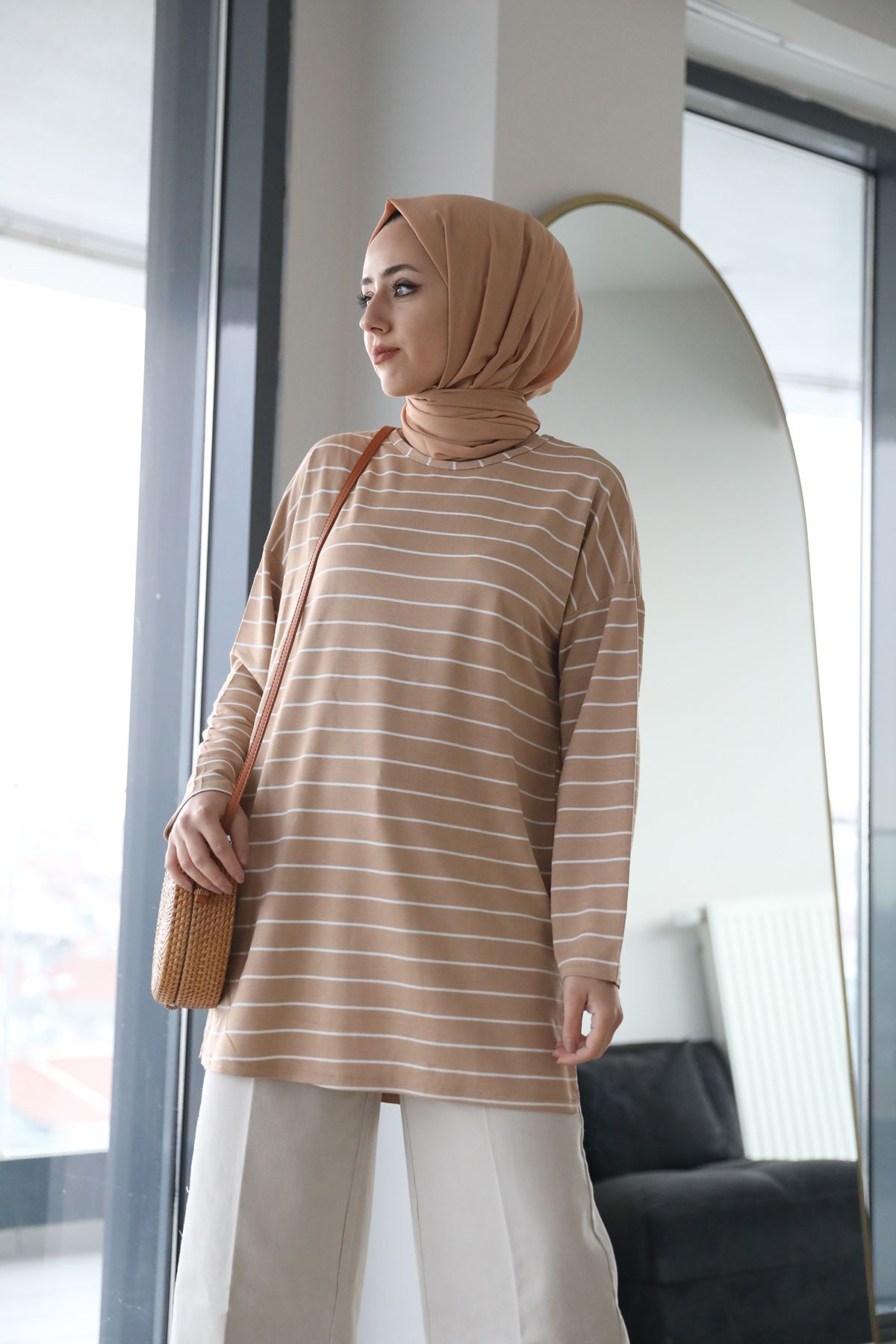 Çizgili Tunik-Camel