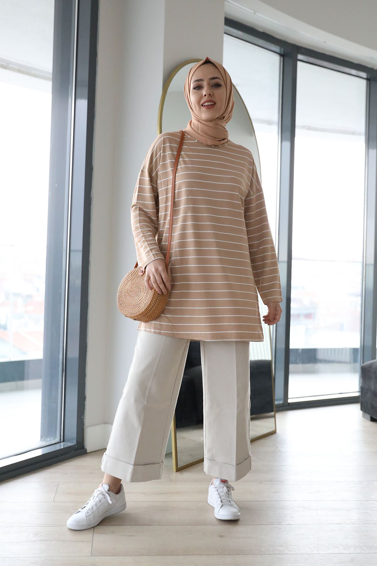 Çizgili Tunik-Camel