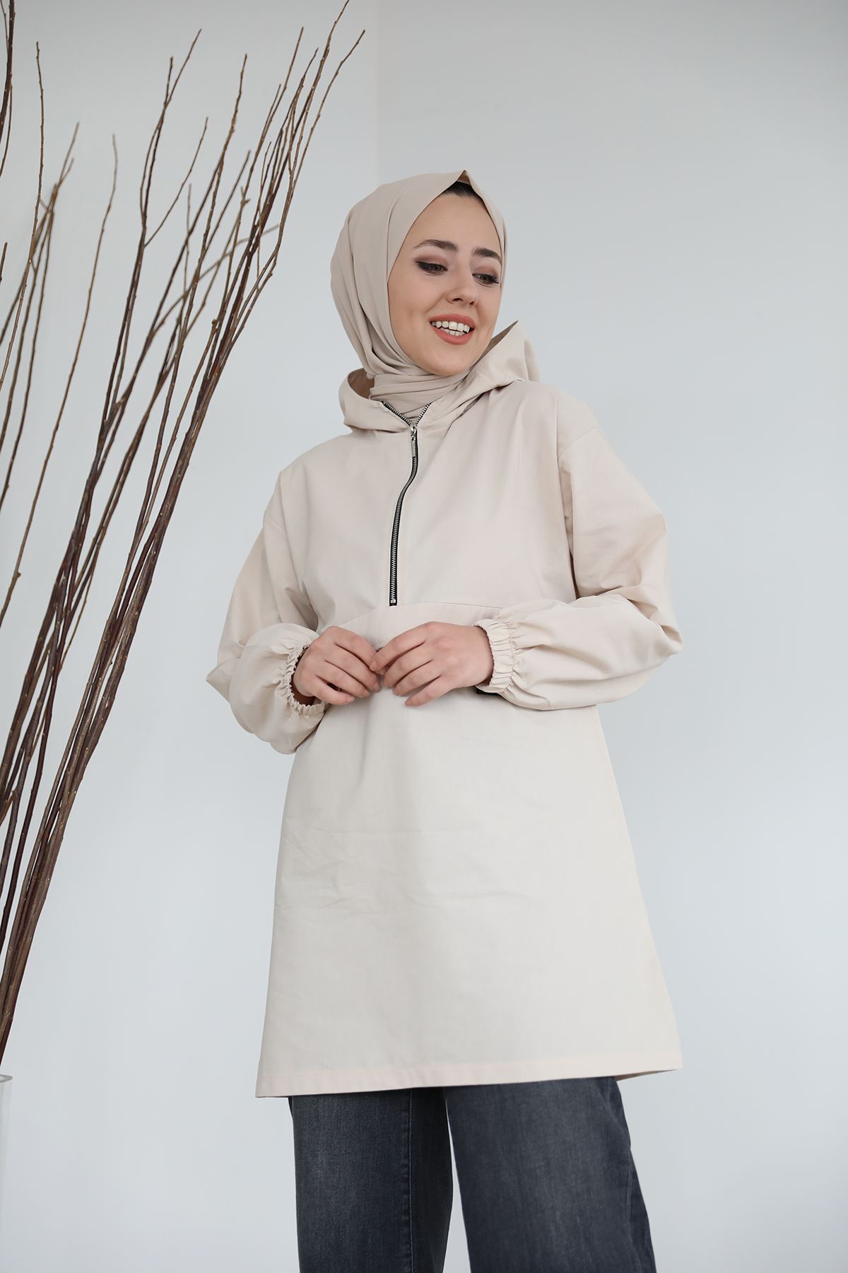 Fermuarlı Sweatshirt-Taş