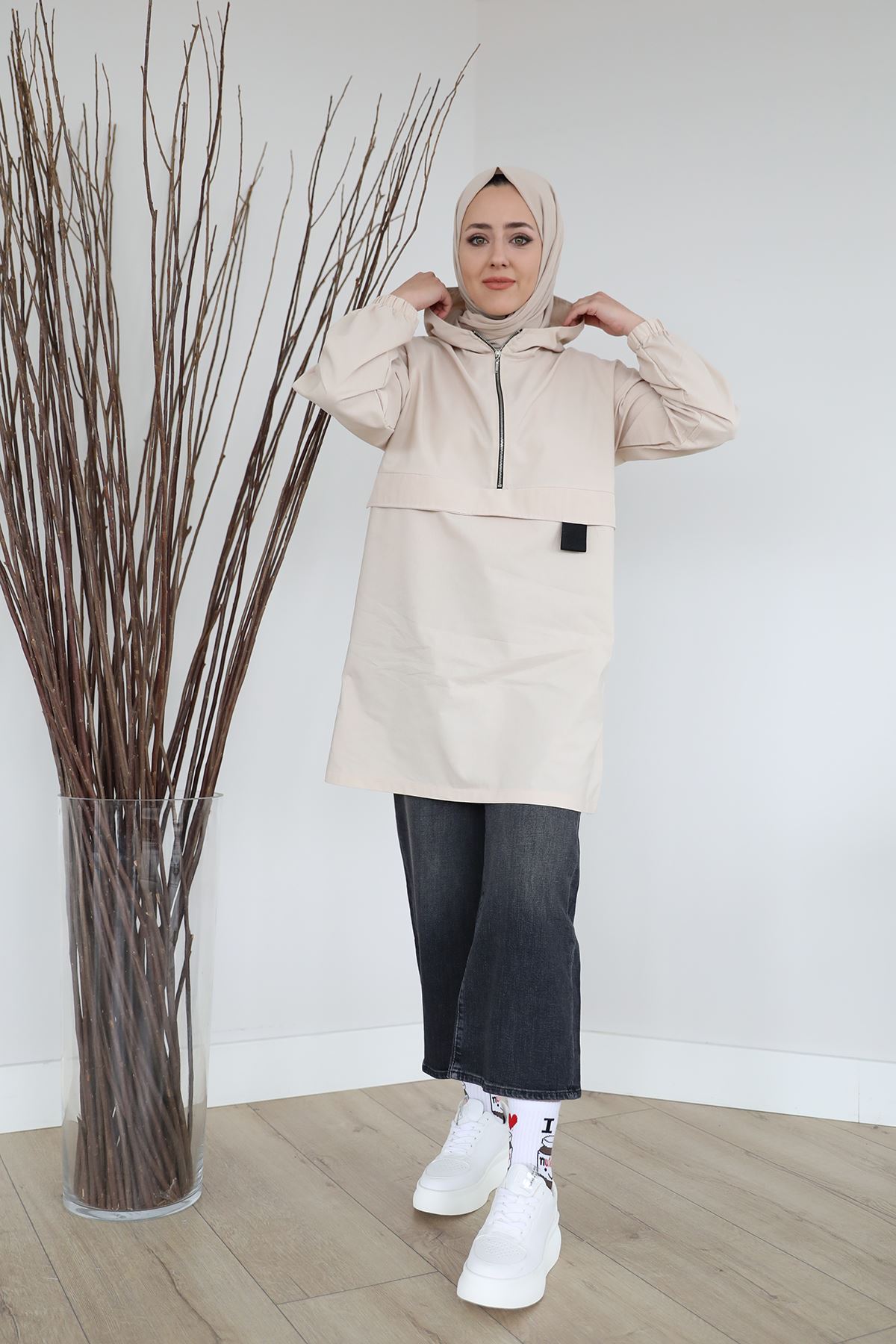 Fermuarlı Sweatshirt-Taş