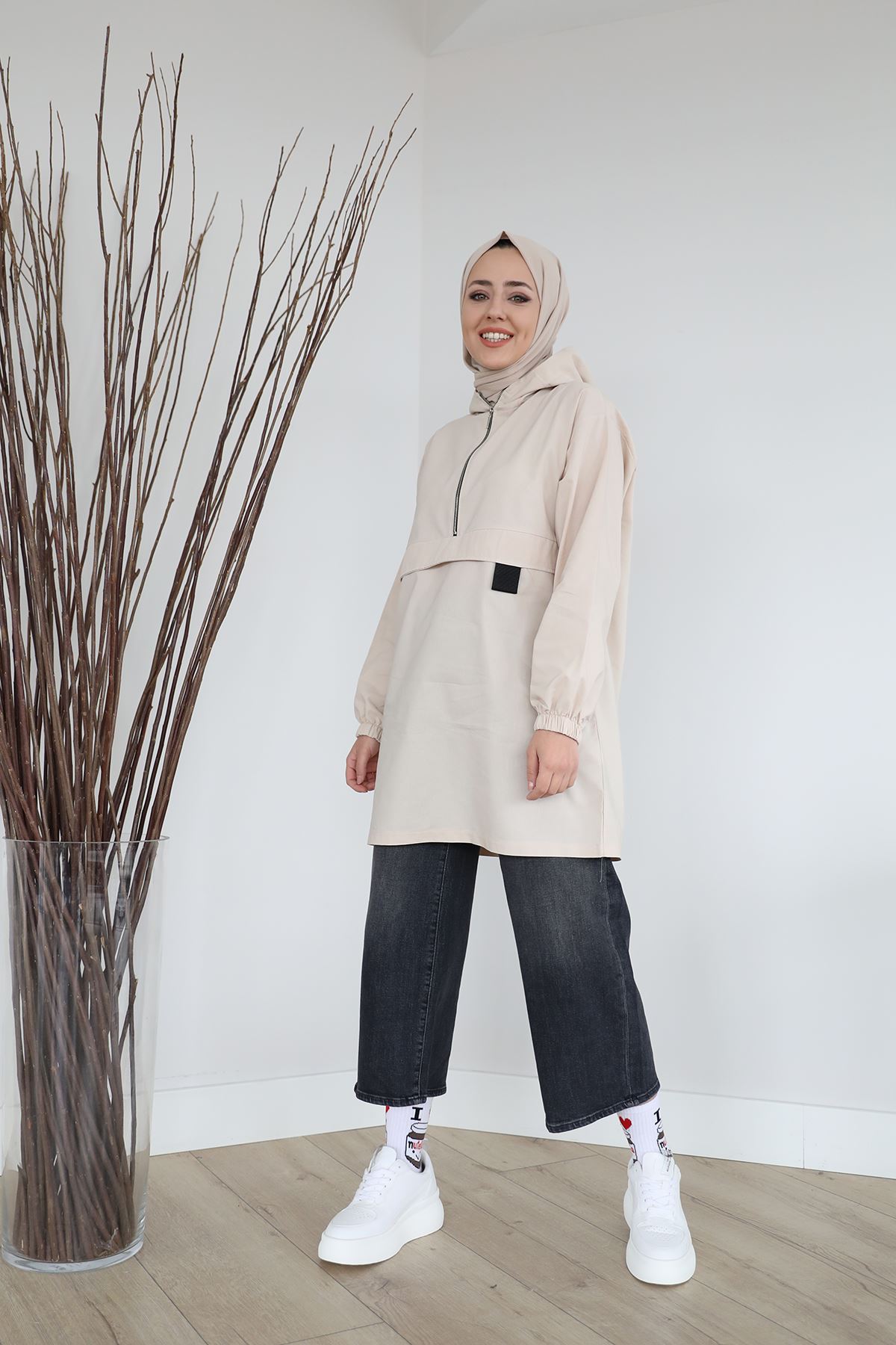 Fermuarlı Sweatshirt-Taş