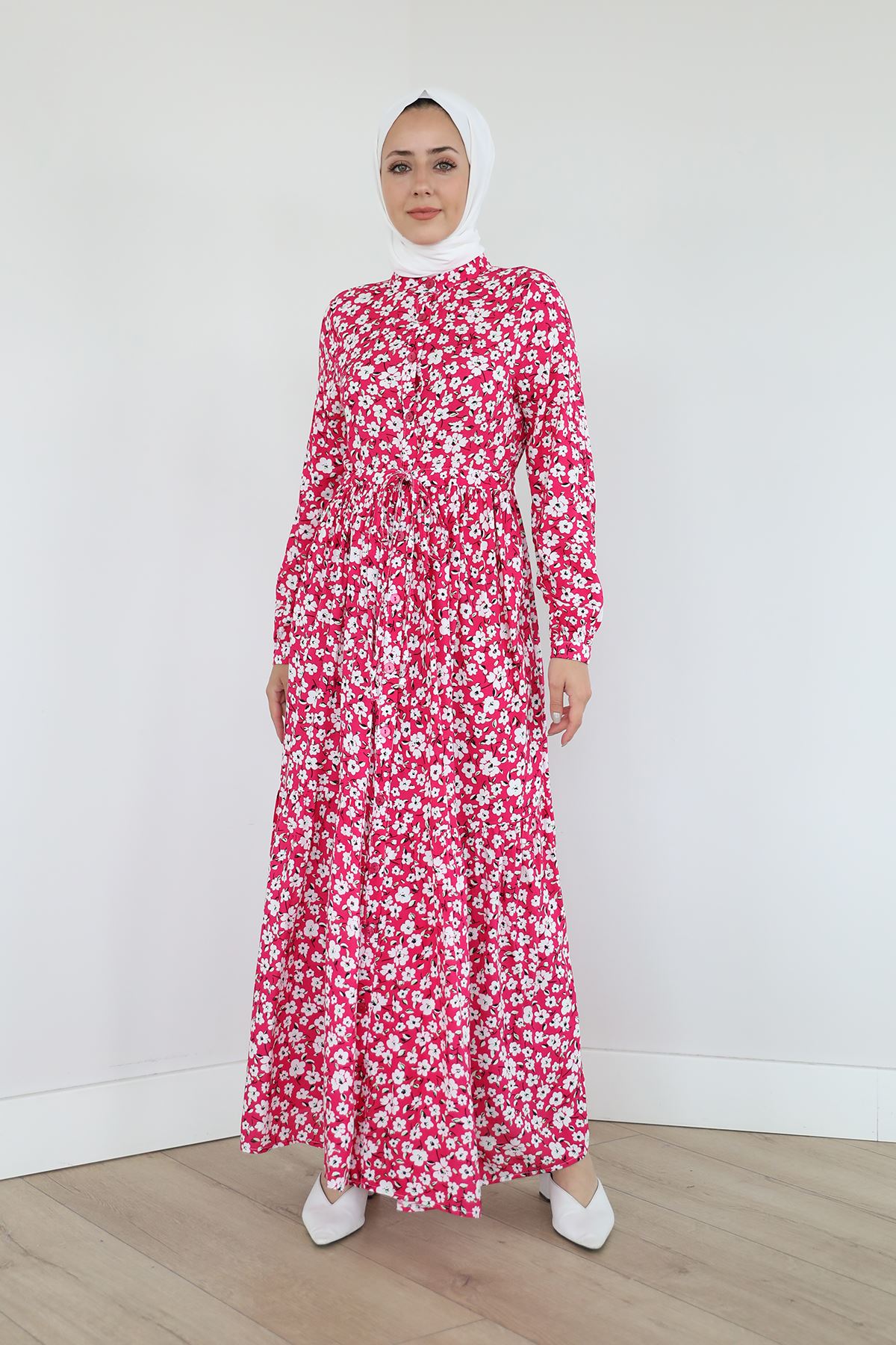 Çiçek Desen Elbise-Fuşya