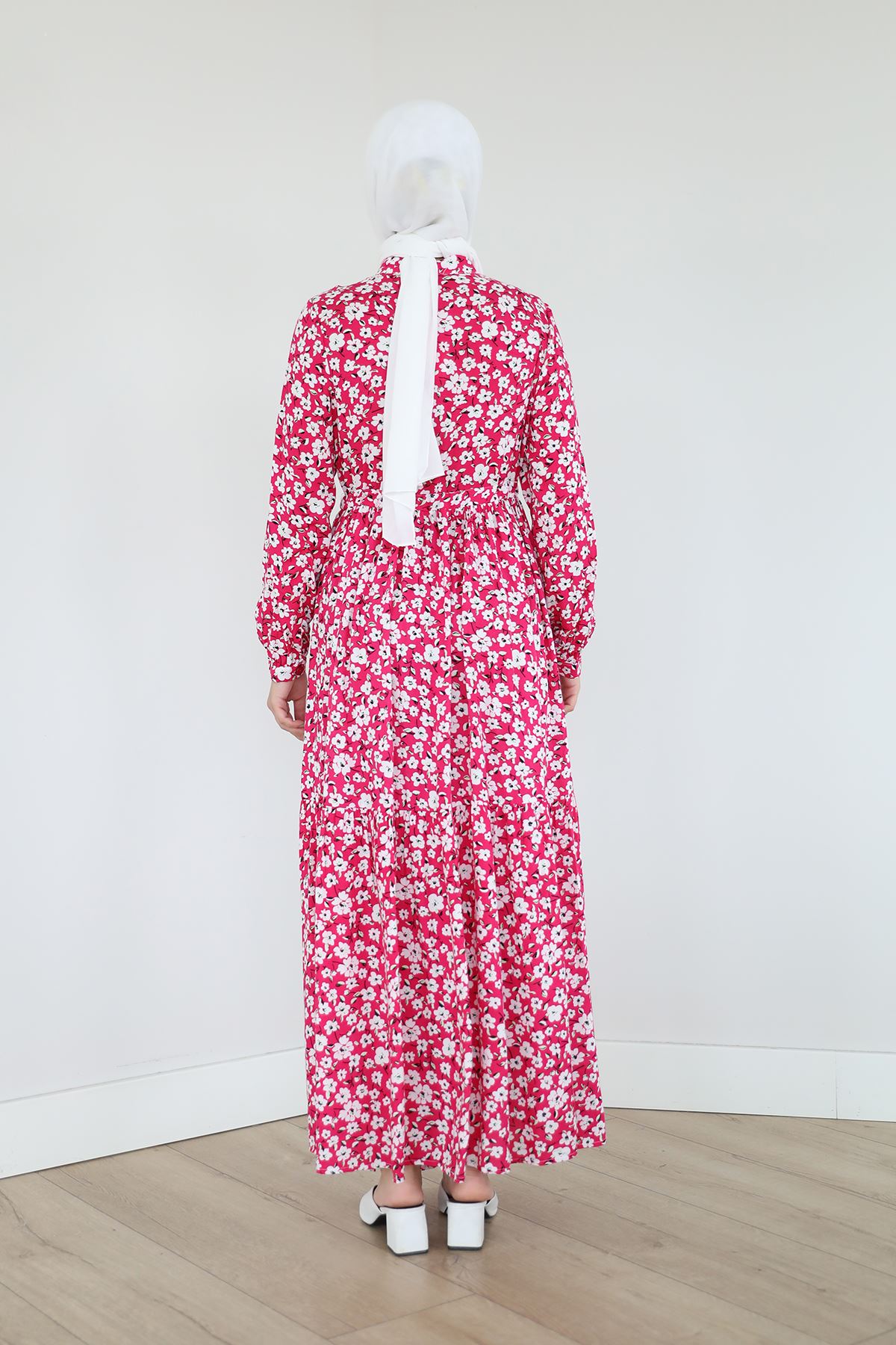 Çiçek Desen Elbise-Fuşya