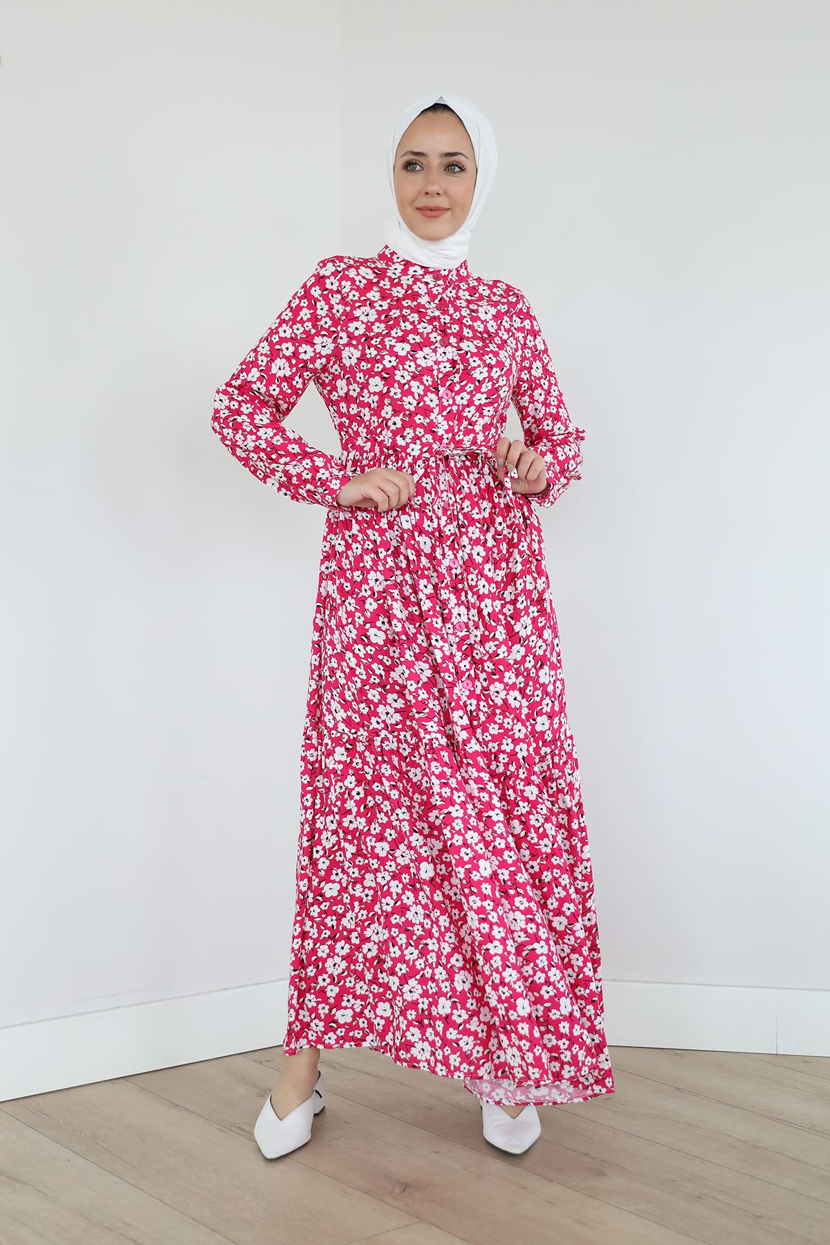 Çiçek Desen Elbise-Fuşya