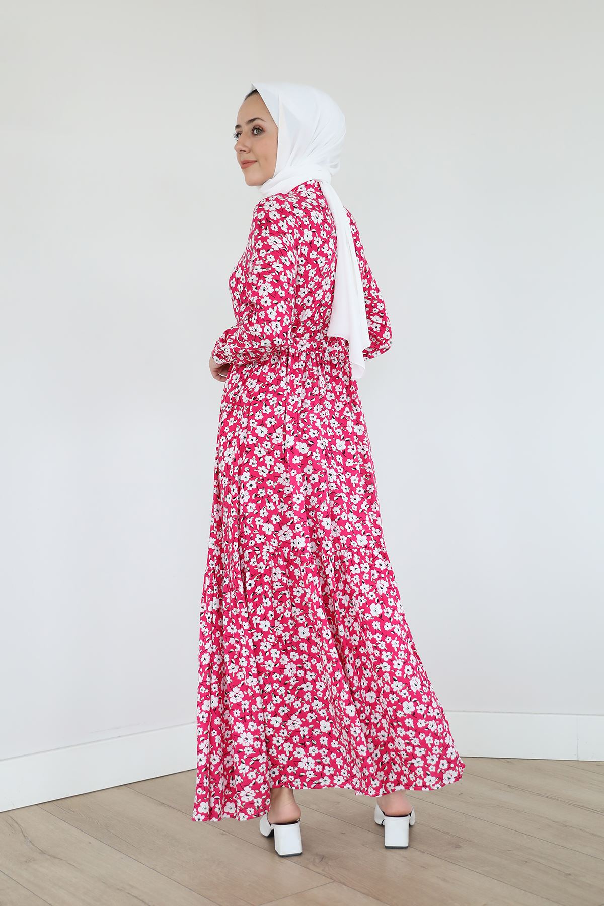 Çiçek Desen Elbise-Fuşya