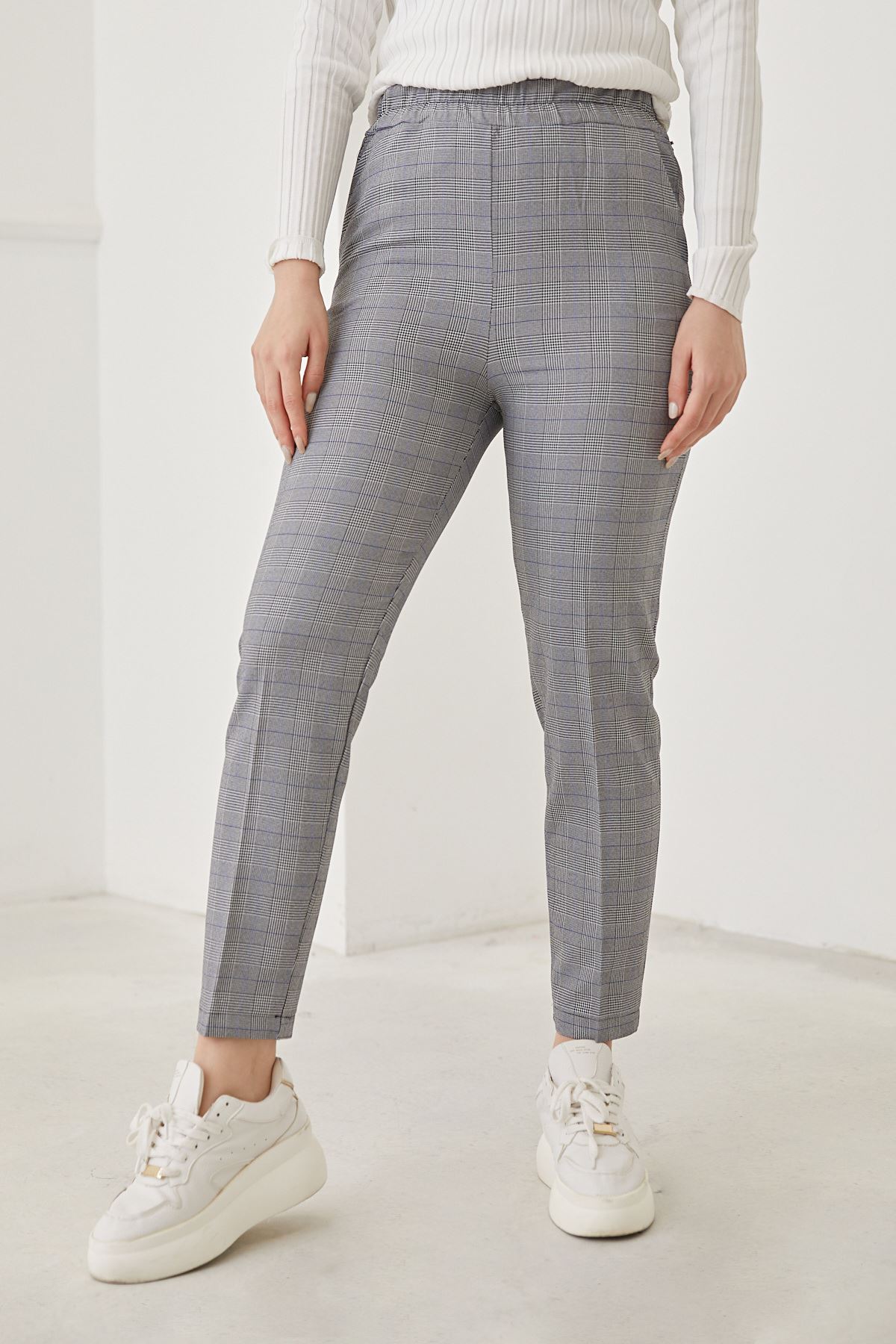 Beli Lastikli Ekose Pantolon-Saks