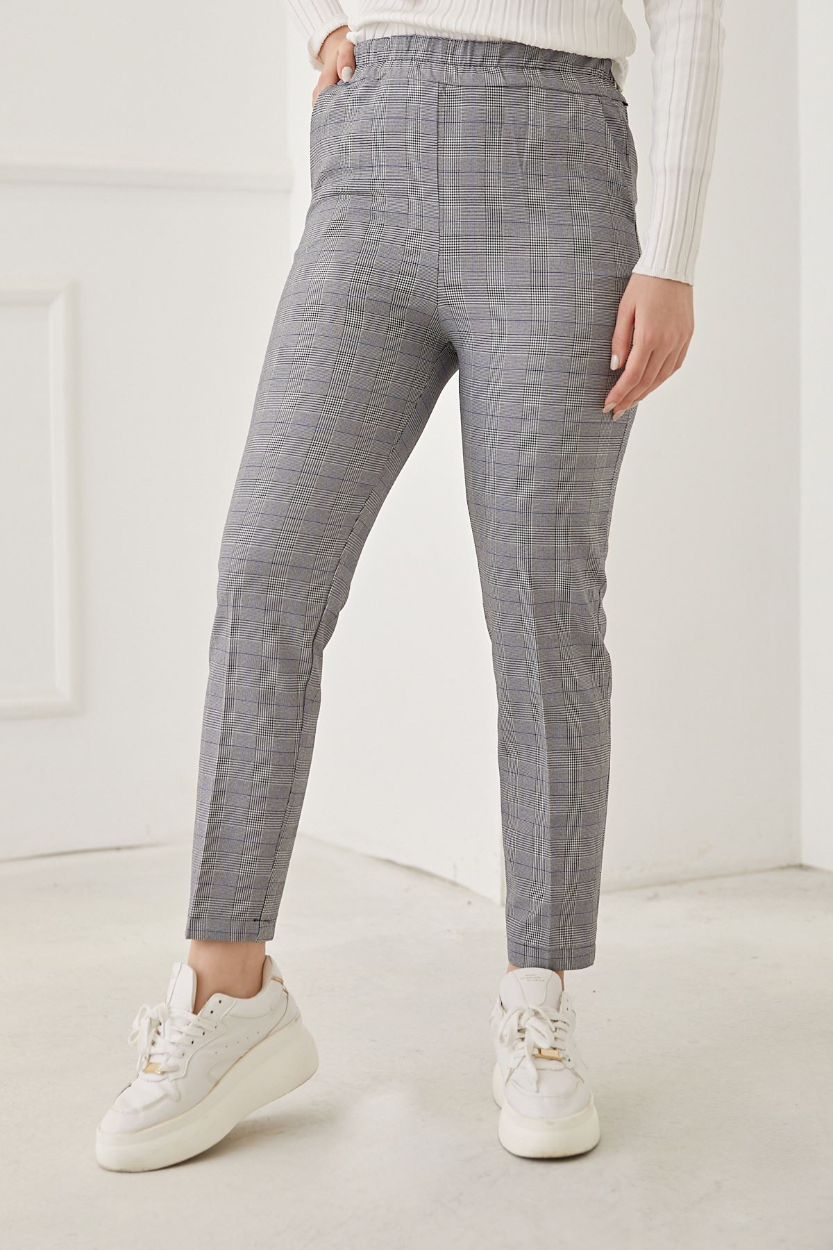 Beli Lastikli Ekose Pantolon-Saks