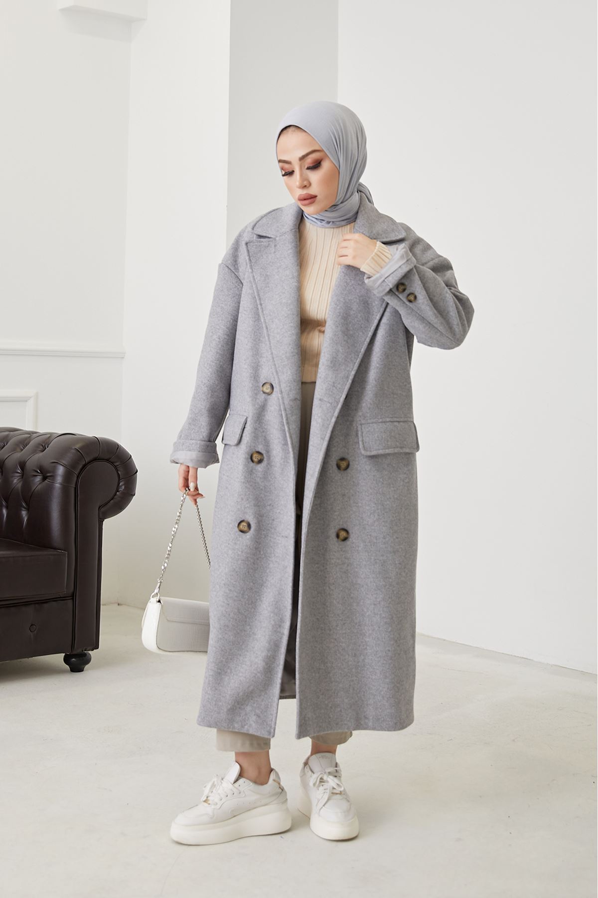 Çift Düğmeli Kaşe Kaban-Gri