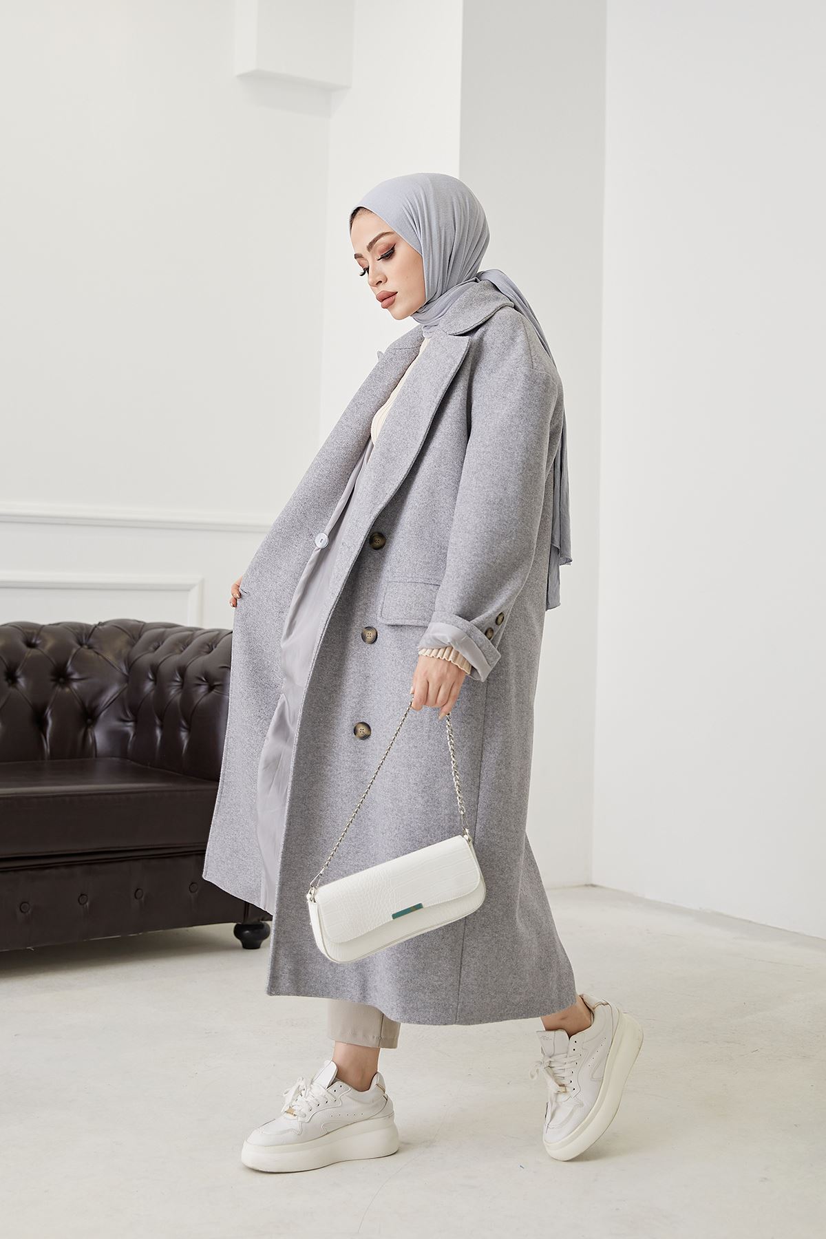 Çift Düğmeli Kaşe Kaban-Gri