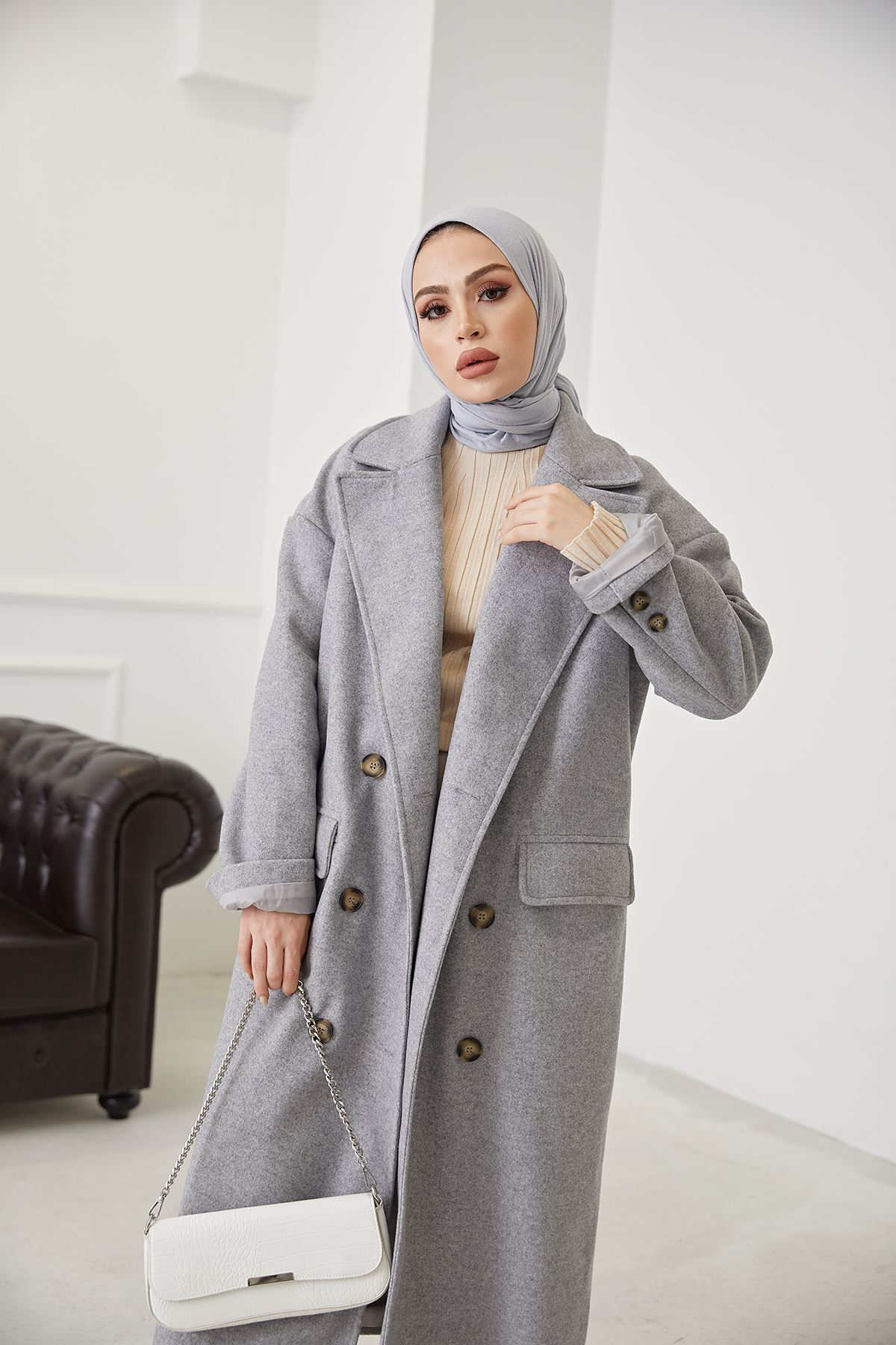 Çift Düğmeli Kaşe Kaban-Gri