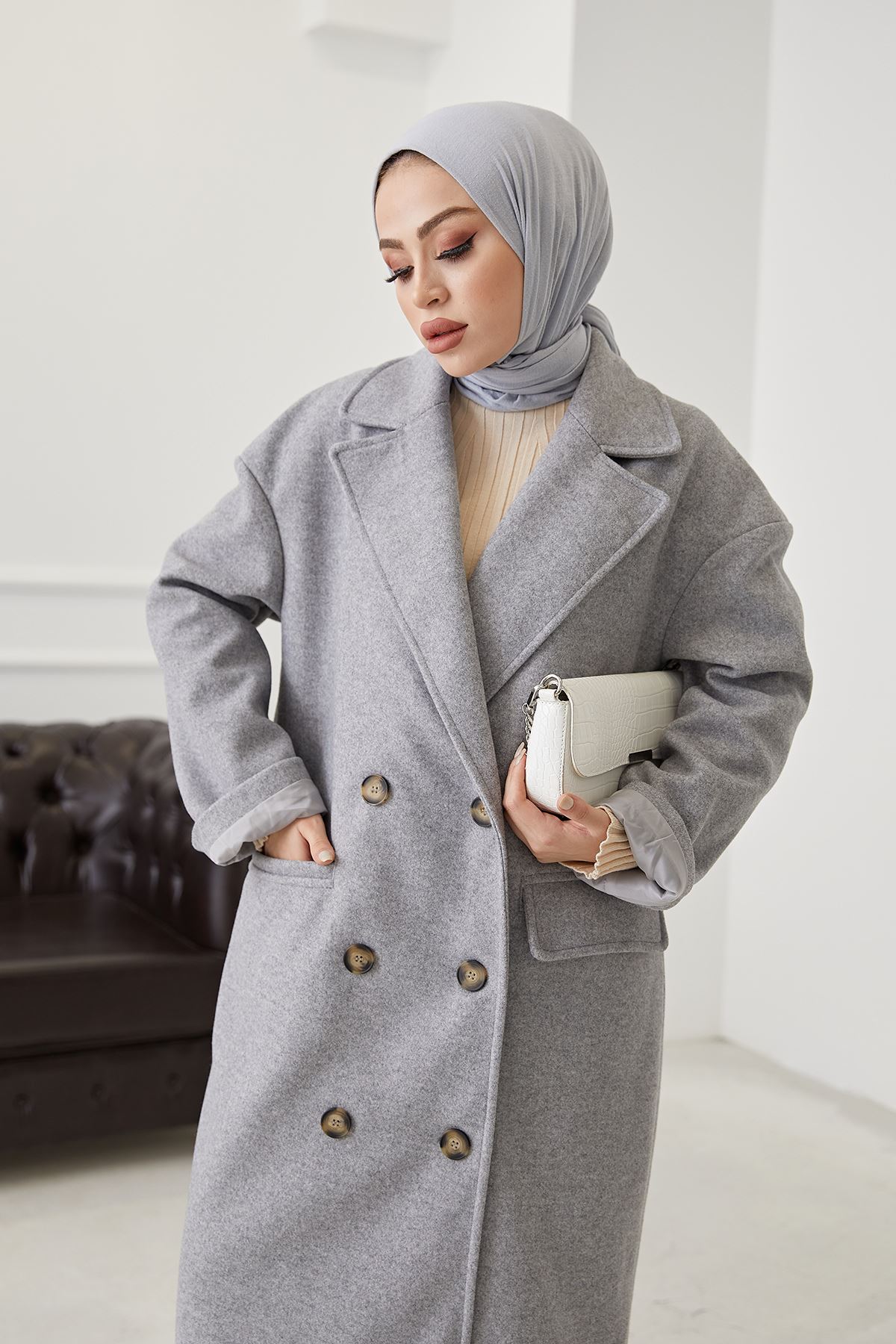 Çift Düğmeli Kaşe Kaban-Gri