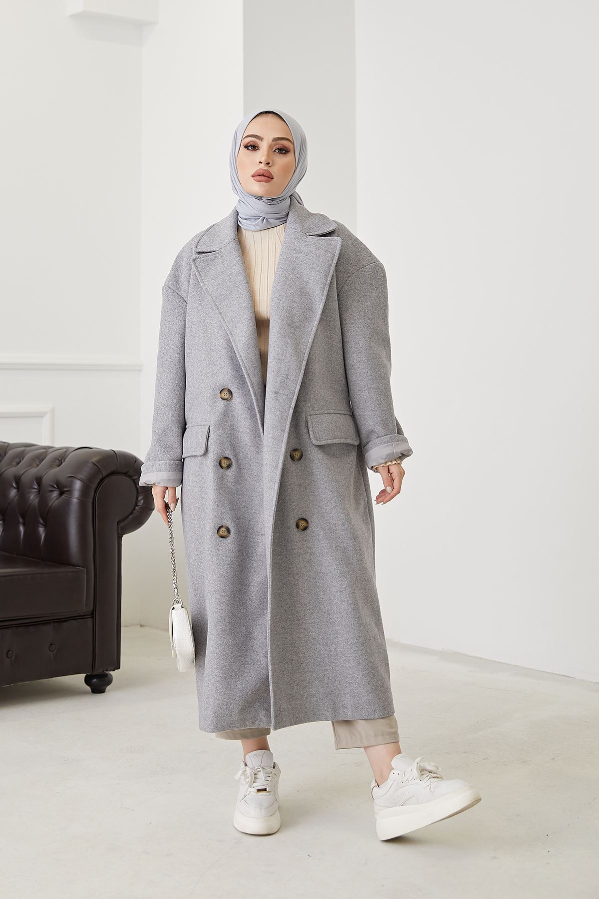 Çift Düğmeli Kaşe Kaban-Gri