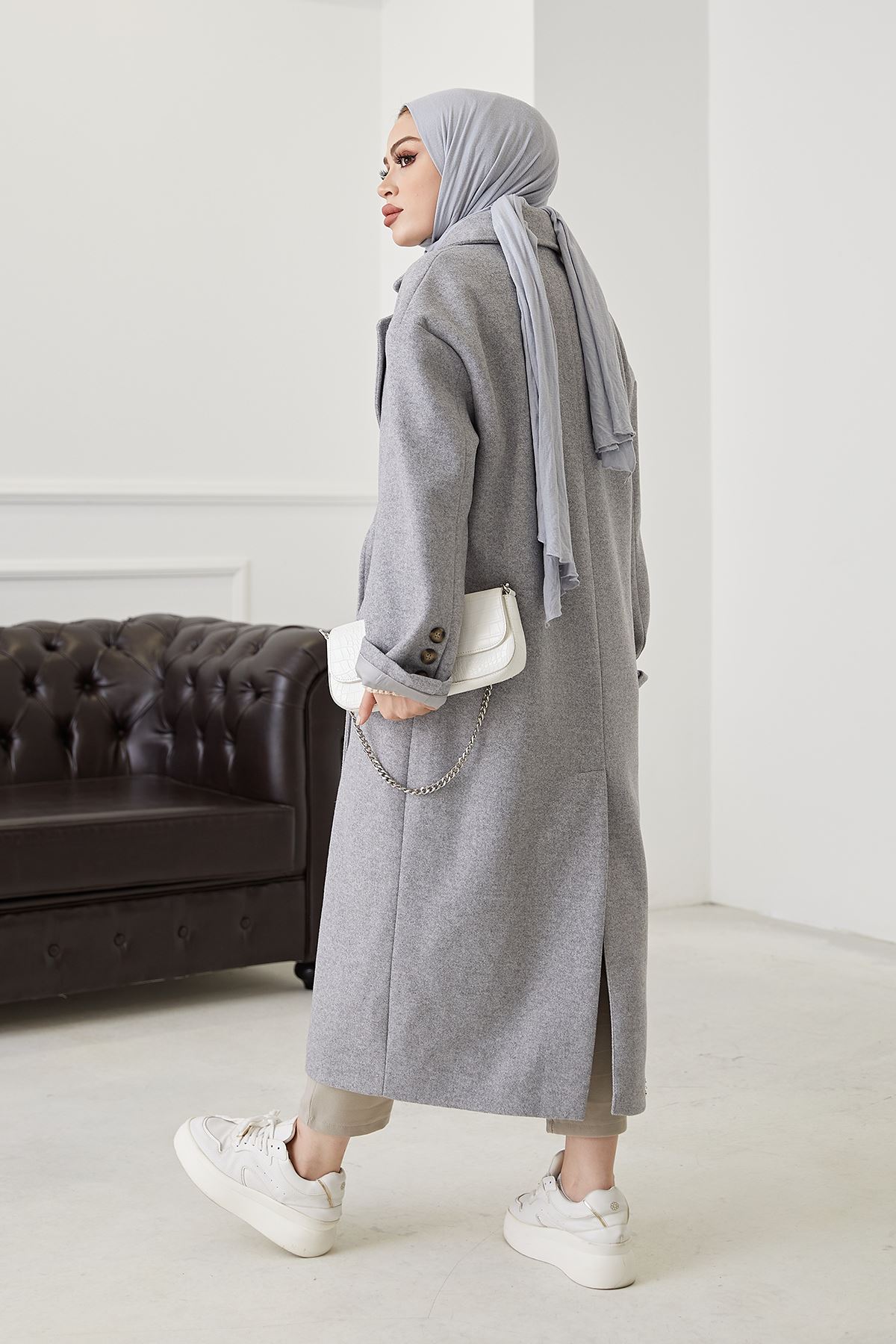 Çift Düğmeli Kaşe Kaban-Gri