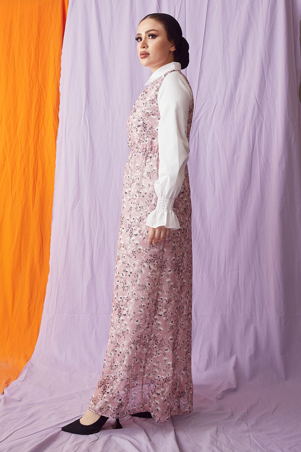 Desenli Sıfır Kol Elbise-Pudra