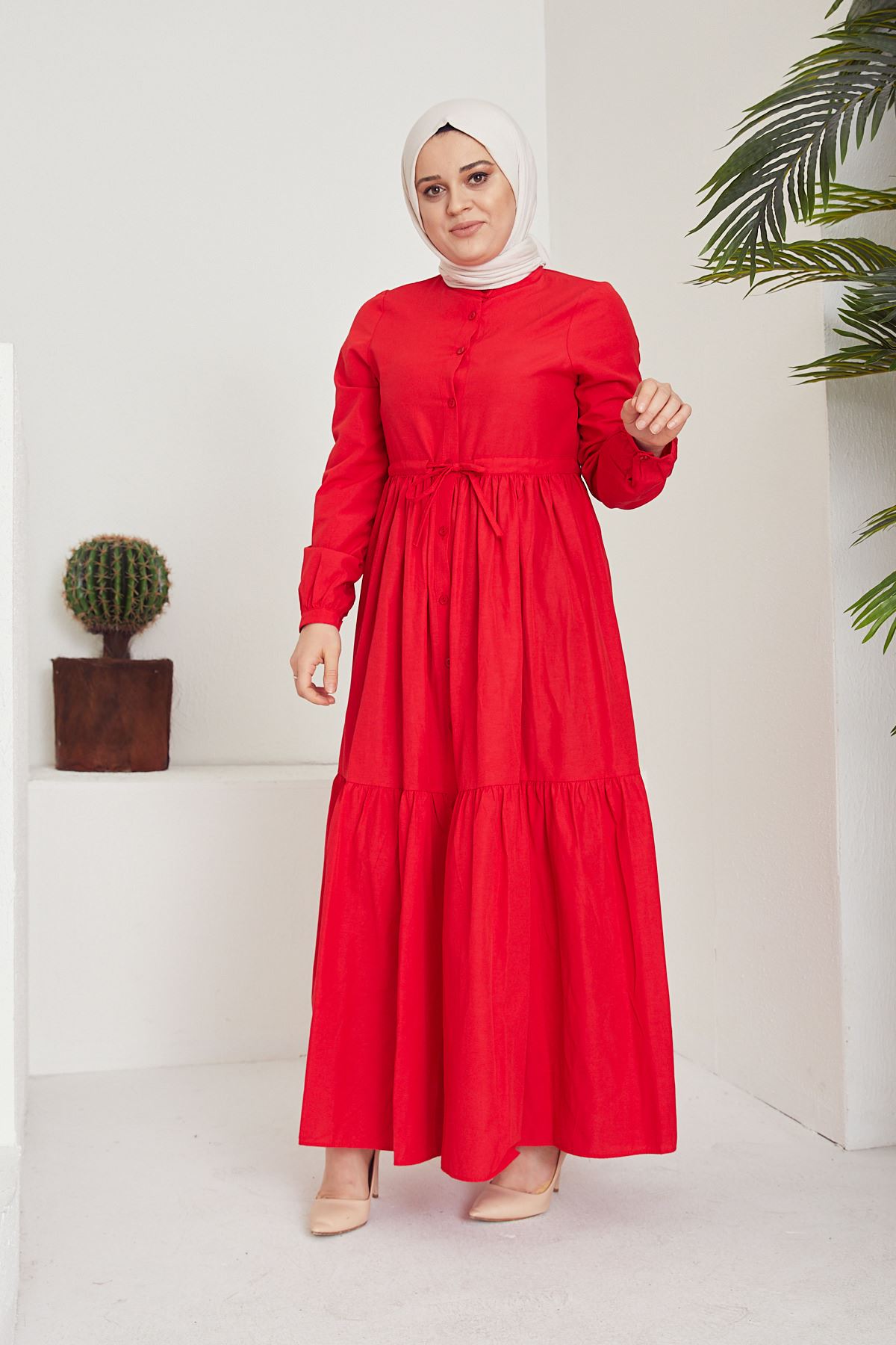 Kat Detaylı Elbise-Kırmızı