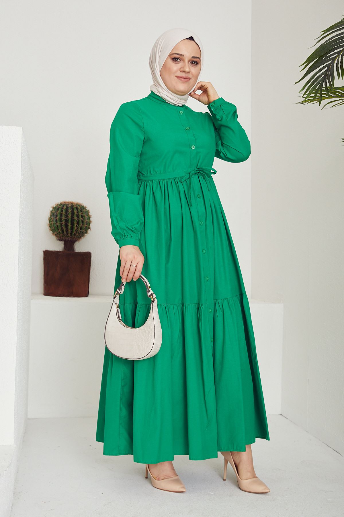 Kat Detaylı Elbise-Yeşil
