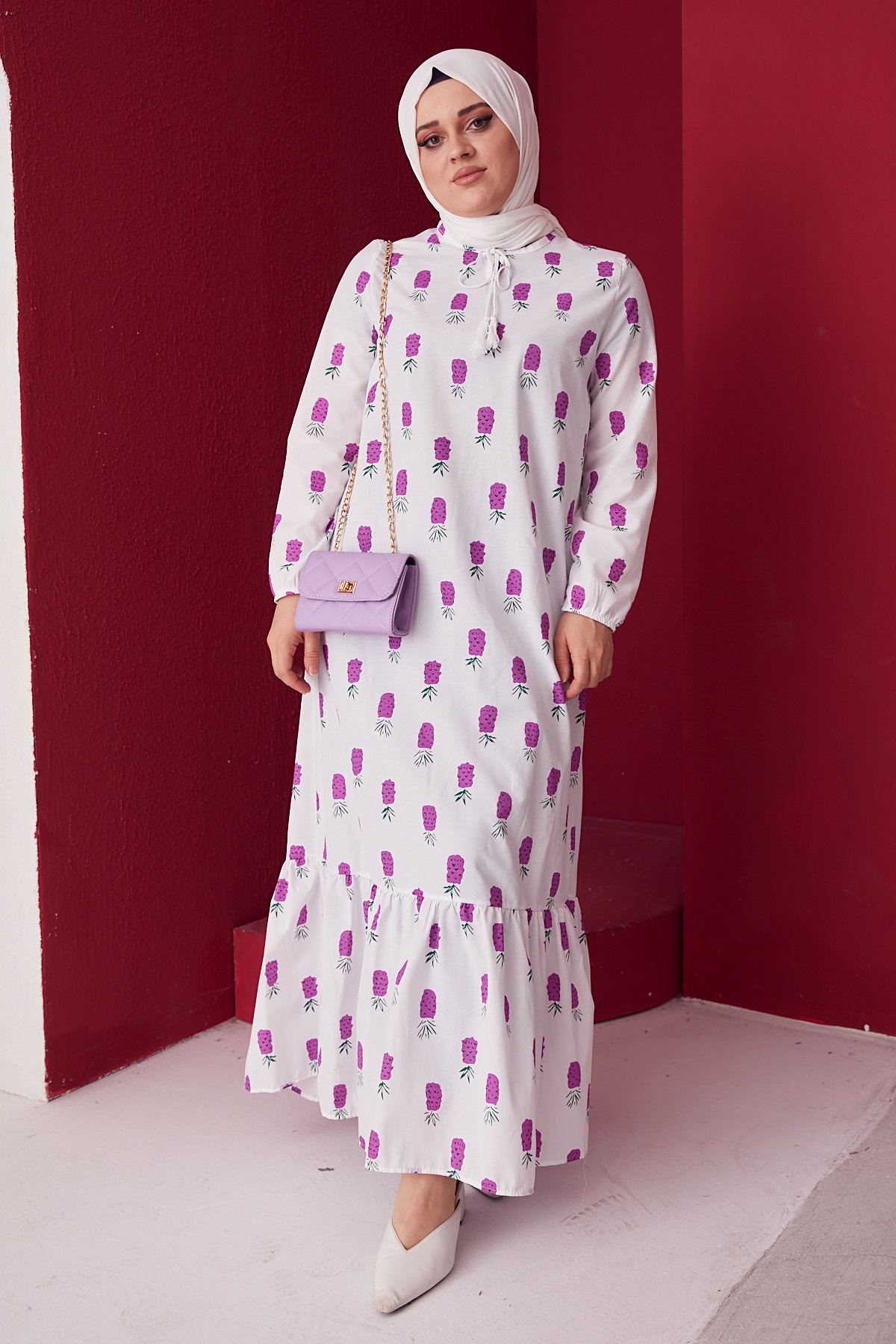 Yaka Bağcık Detaylı Etek Fırfırlı Elbise-Lila