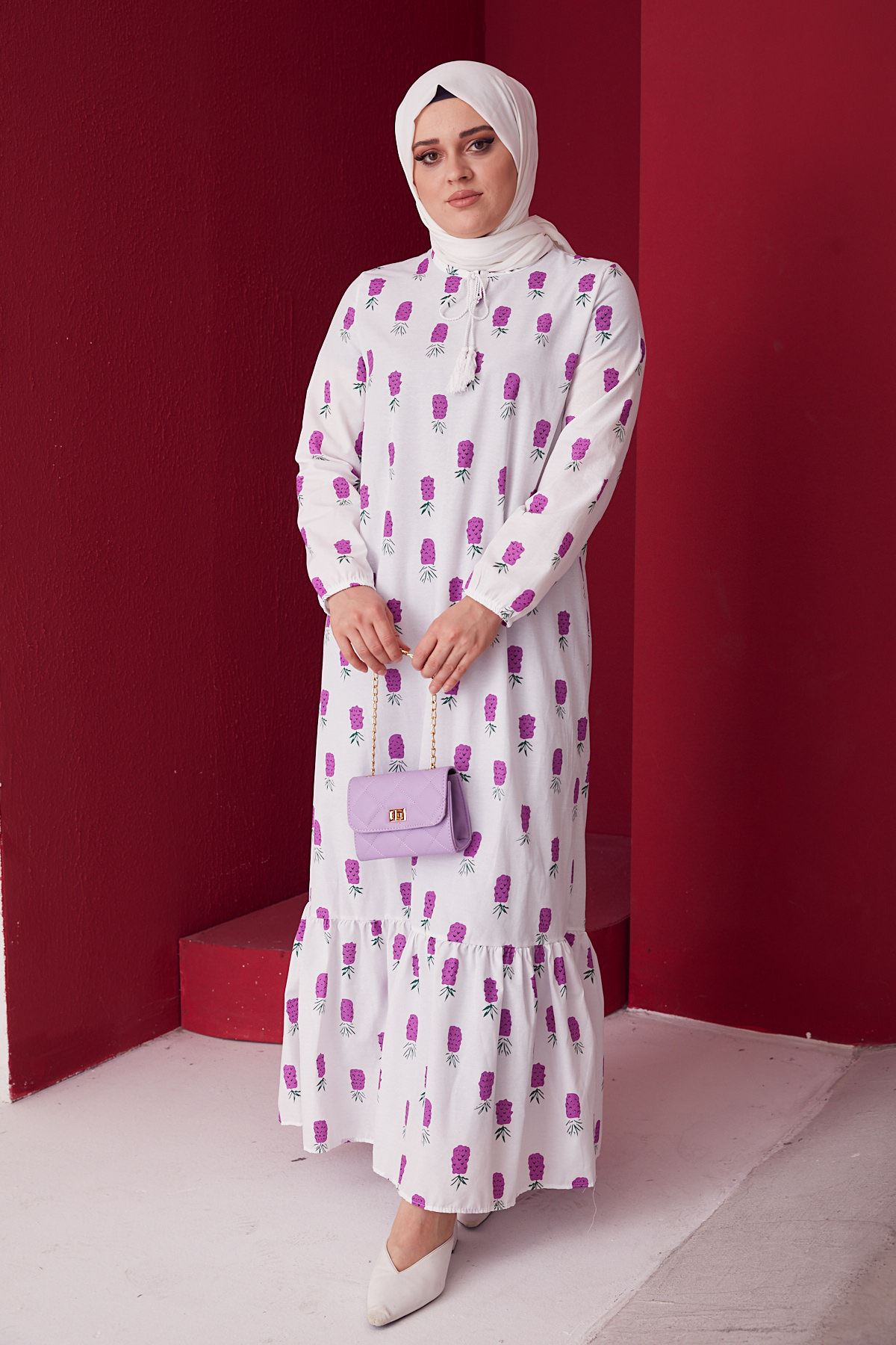 Yaka Bağcık Detaylı Etek Fırfırlı Elbise-Lila