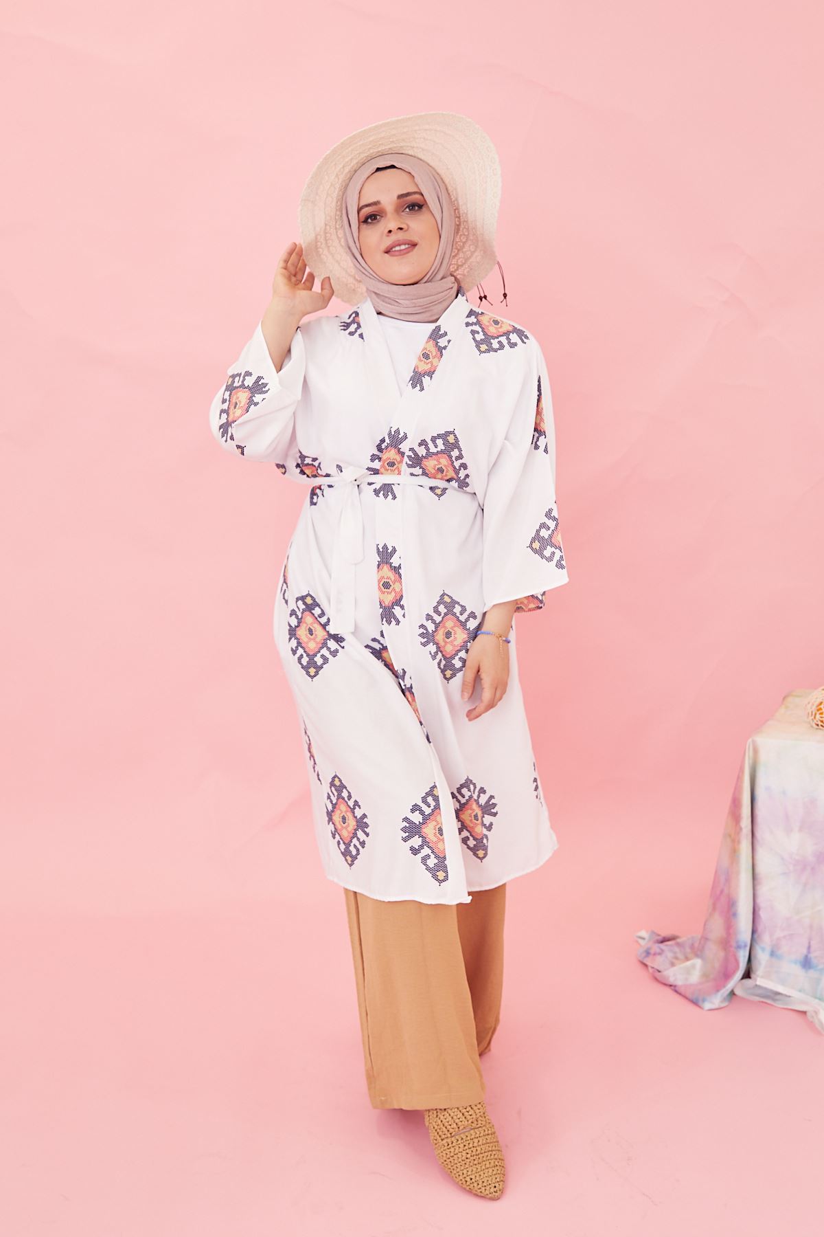 Desenli Kuşak Detay Kimono Ceket-Antrasit