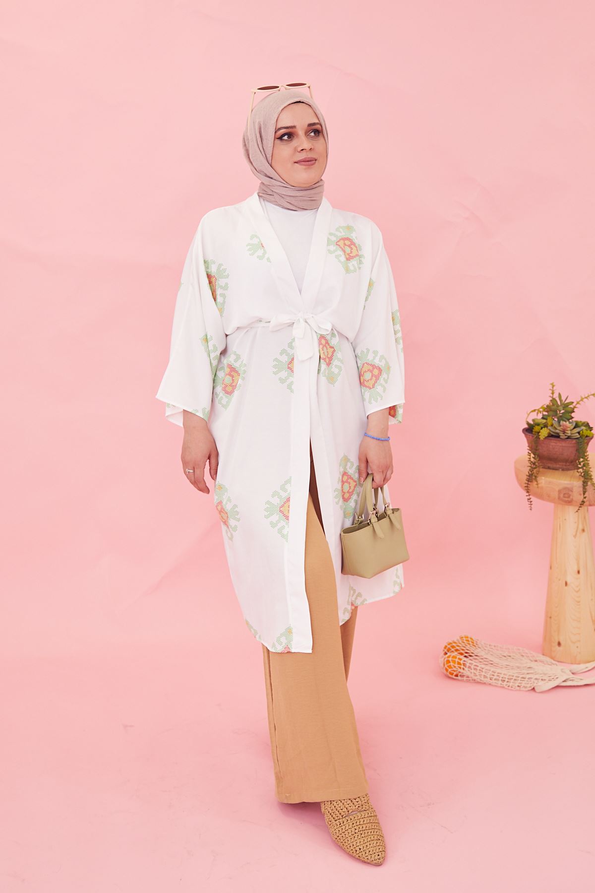 Desenli Kuşak Detay Kimono Ceket-Mint