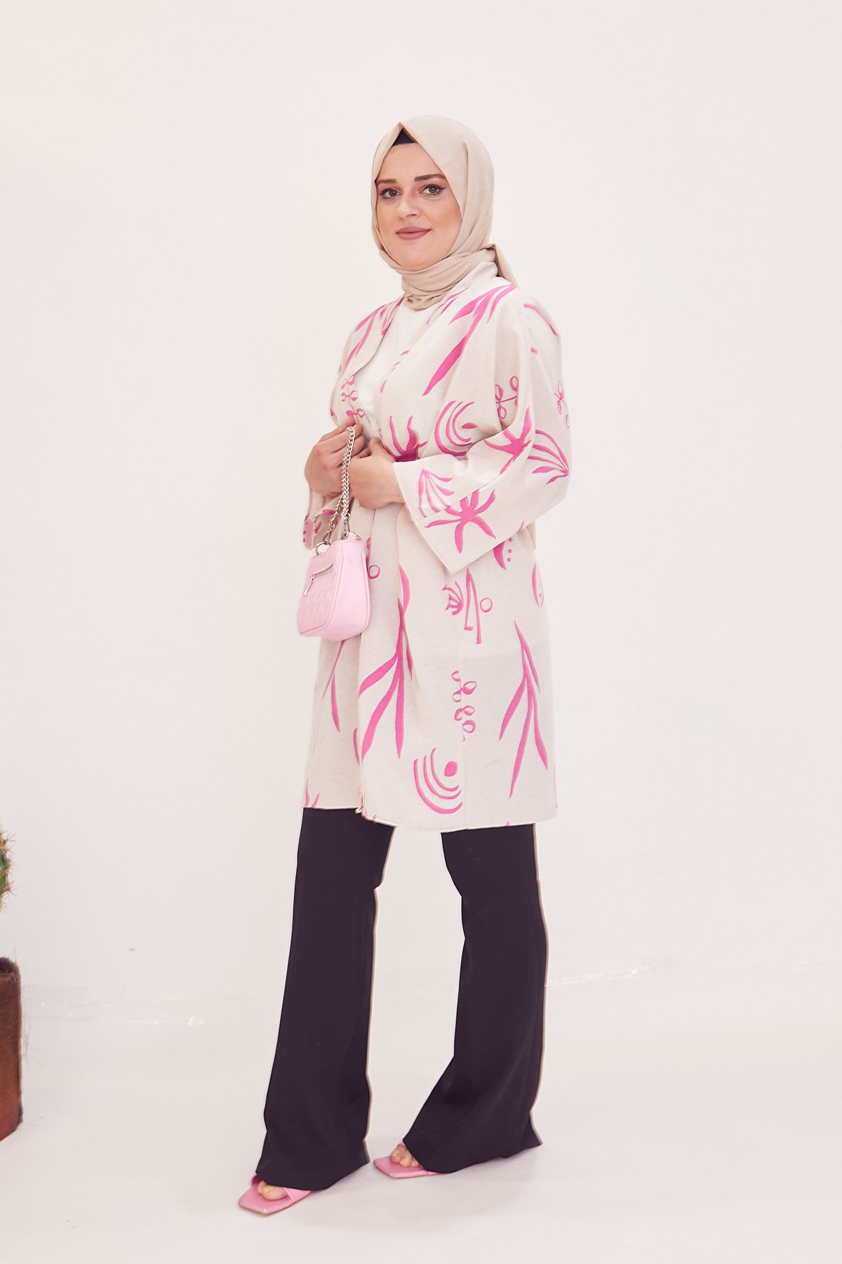 Desenli Kuşak Detay Kimono Ceket-Fuşya
