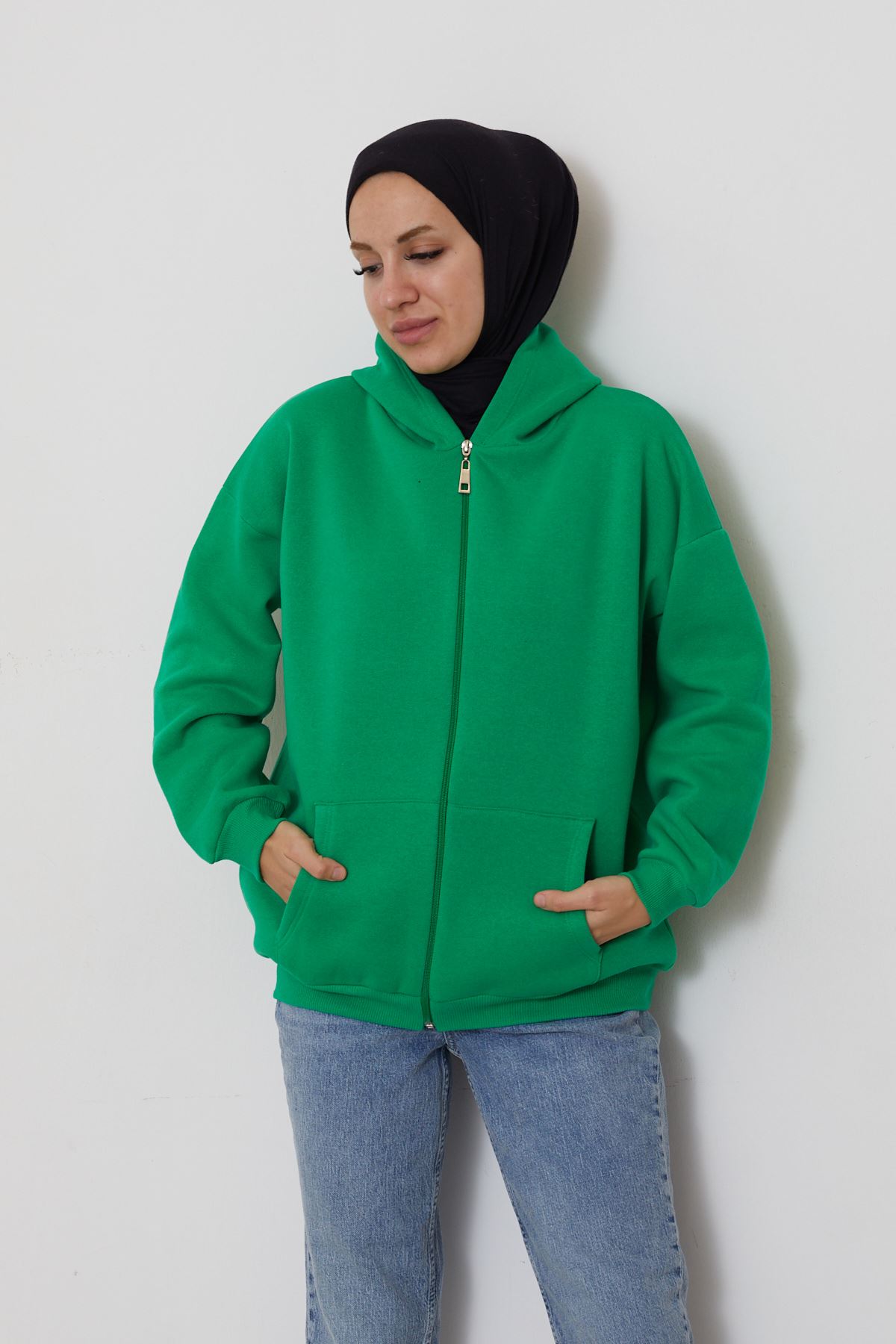 Ön Fermuarlı Kapşonlu Sweatshirt Hırka-Yeşil