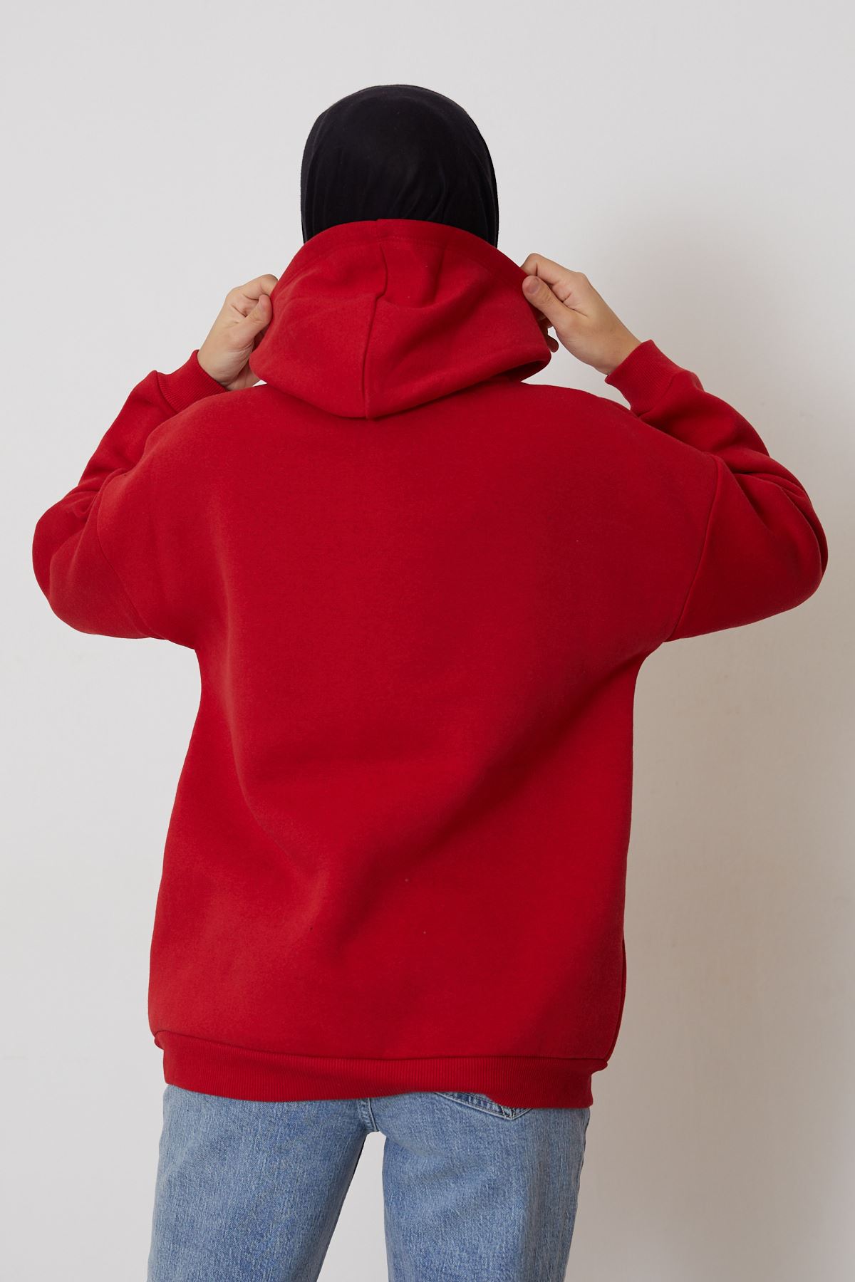 Ön Fermuarlı Kapşonlu Sweatshirt Hırka-Kırmızı