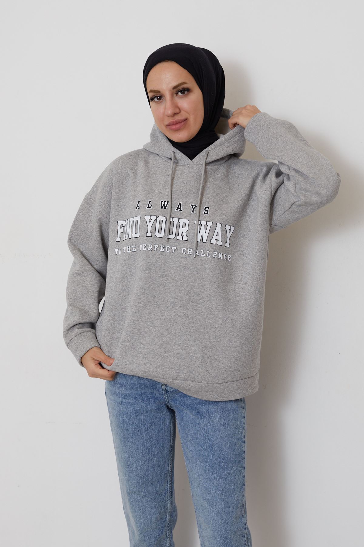 Baskılı Üç İplik Sweatshirt-Gri