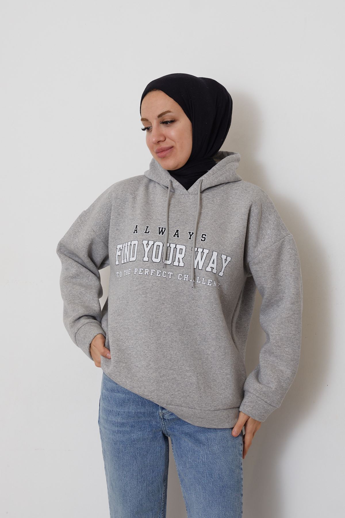 Baskılı Üç İplik Sweatshirt-Gri