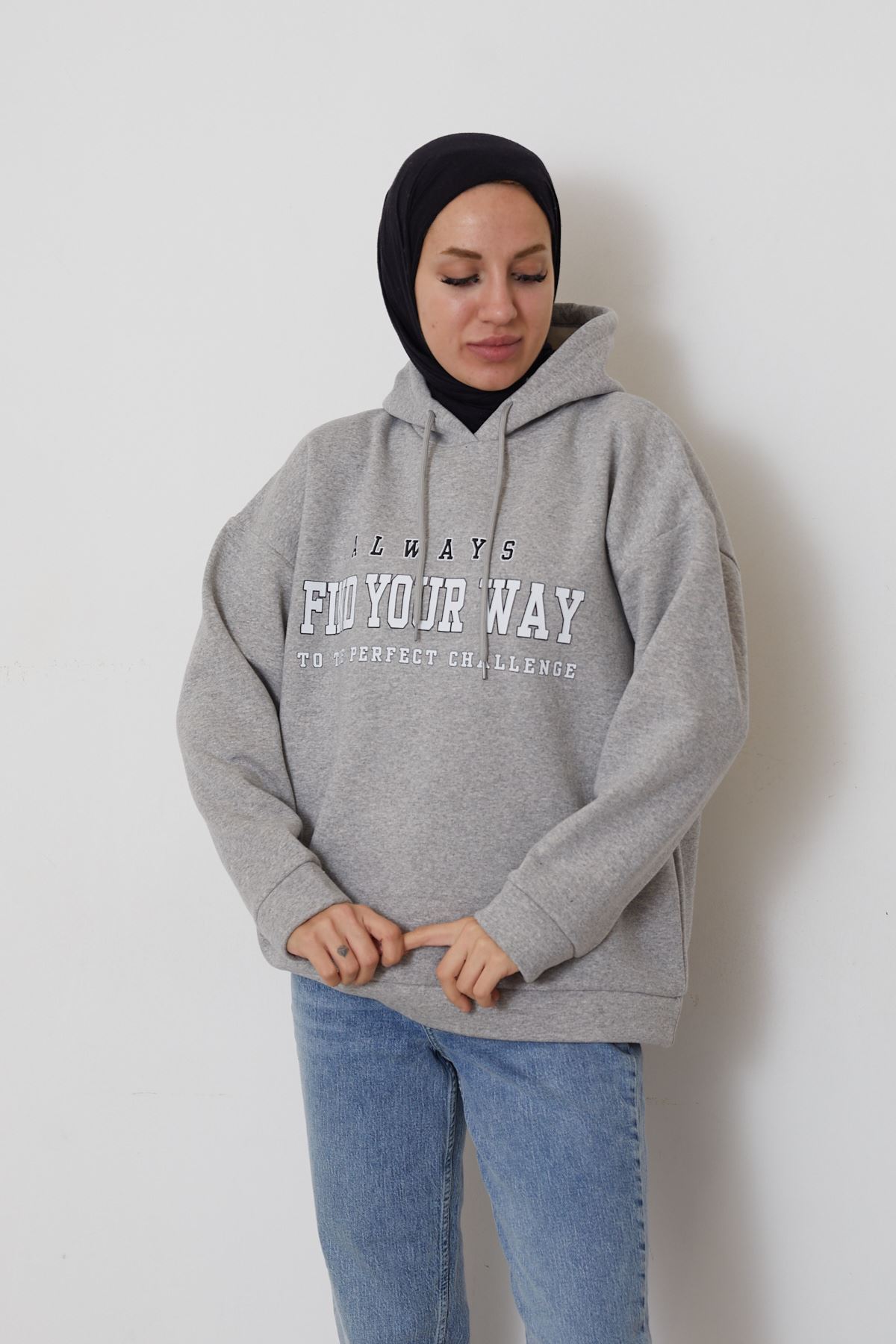 Baskılı Üç İplik Sweatshirt-Gri
