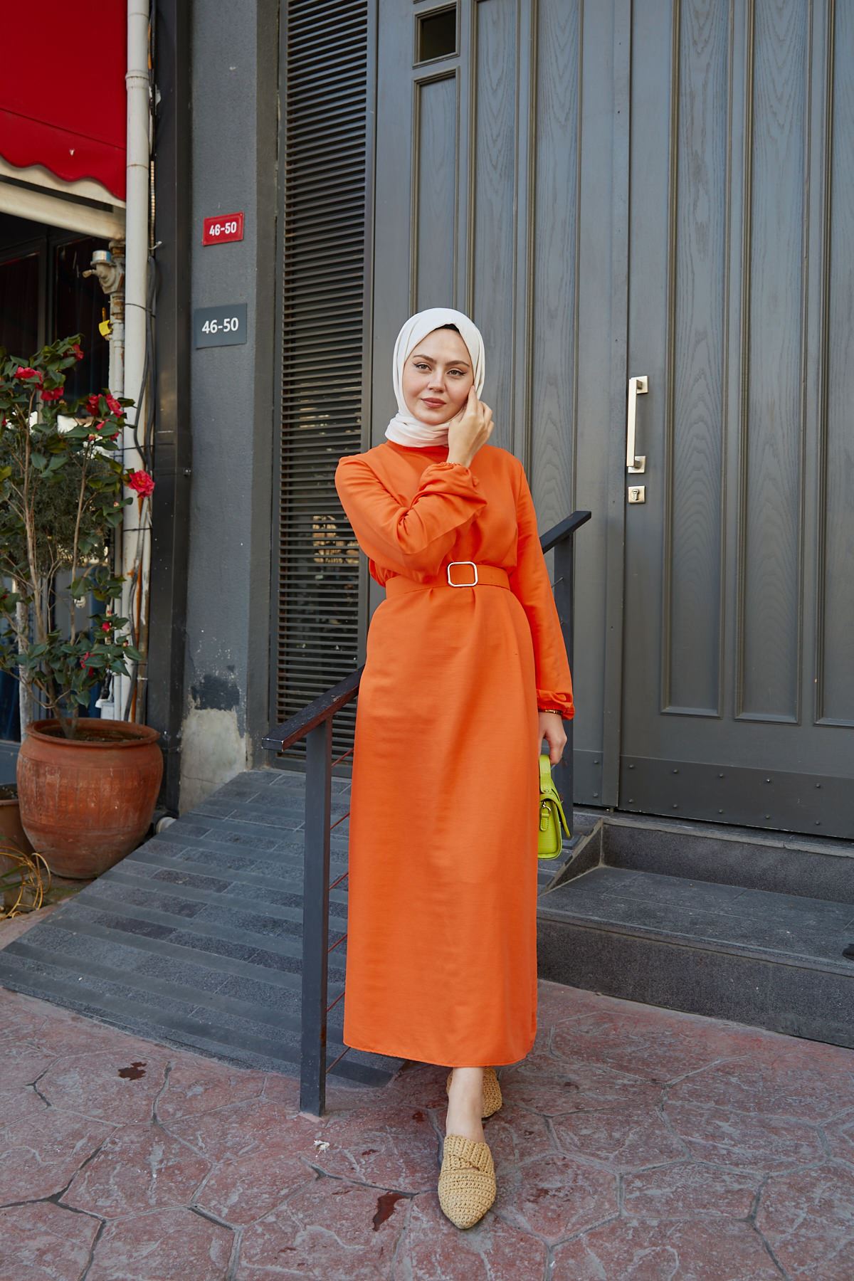 Hakim Yaka Fermuar Detay Elbise-Oranj