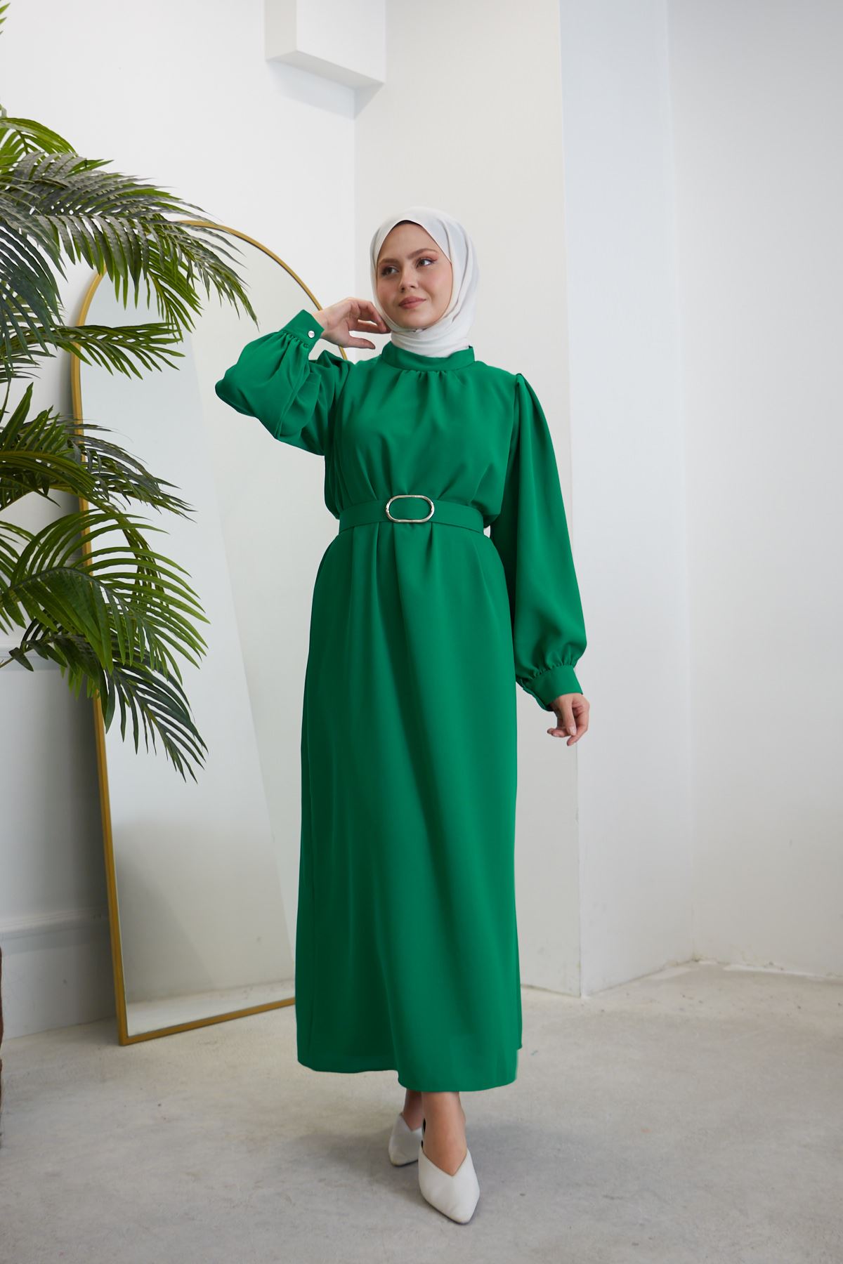 Hakim Yaka Kemerli Elbise-Yeşil
