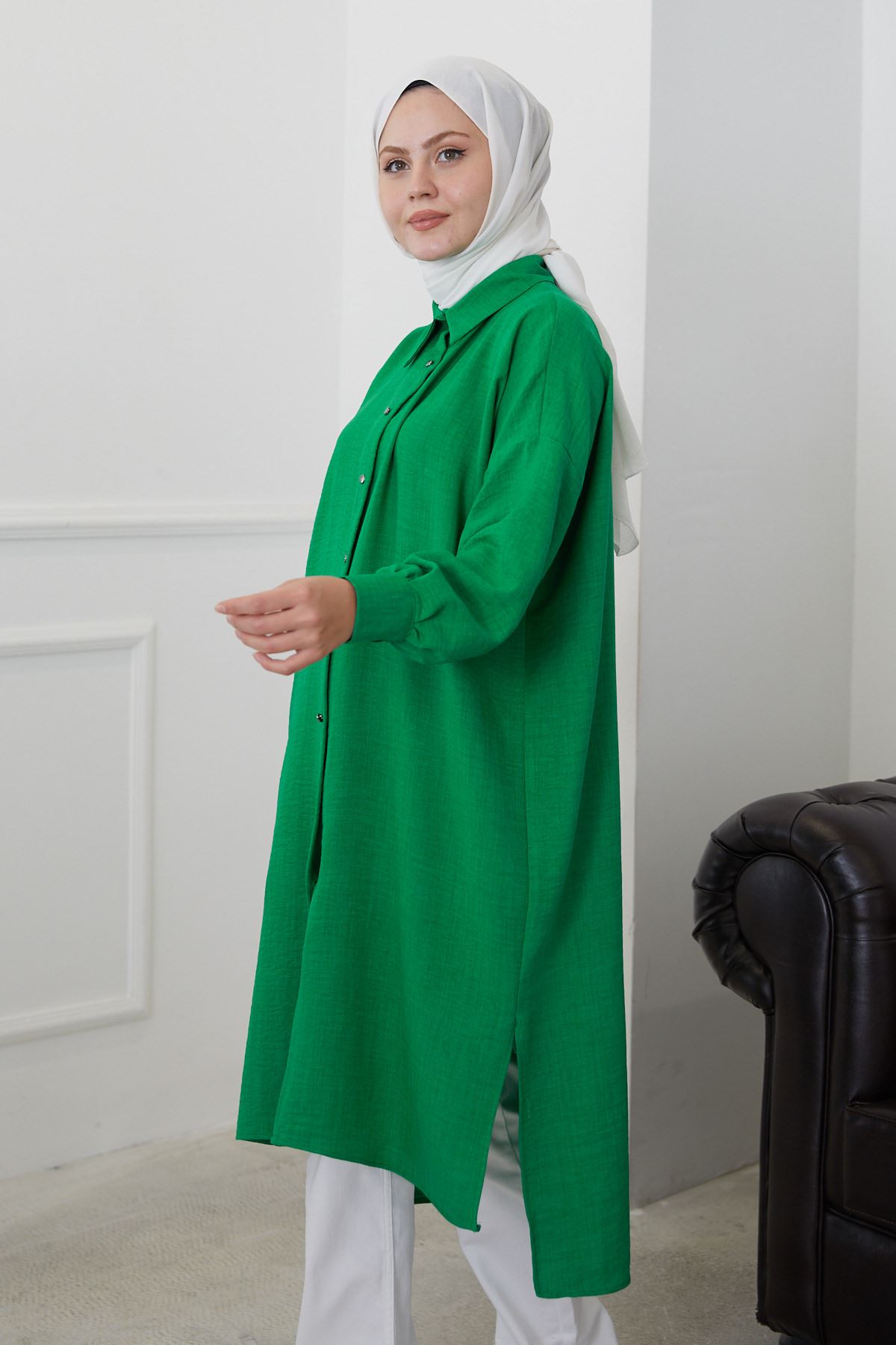 Uzun Yırtmaçlı Manşetli Tunik-Yeşil