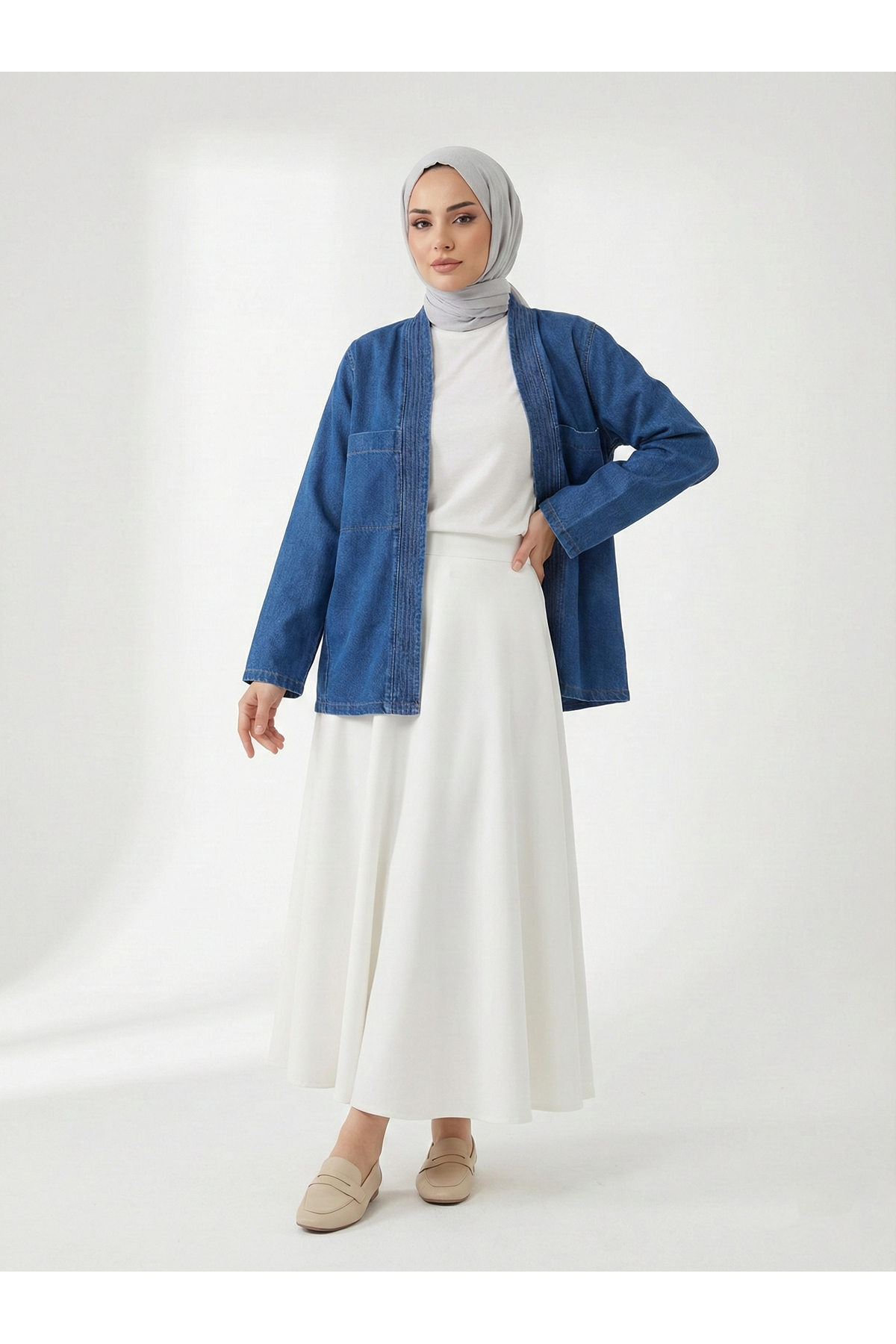 Cep Detaylı Sıra Dikişli Kot Ceket-Lacivert