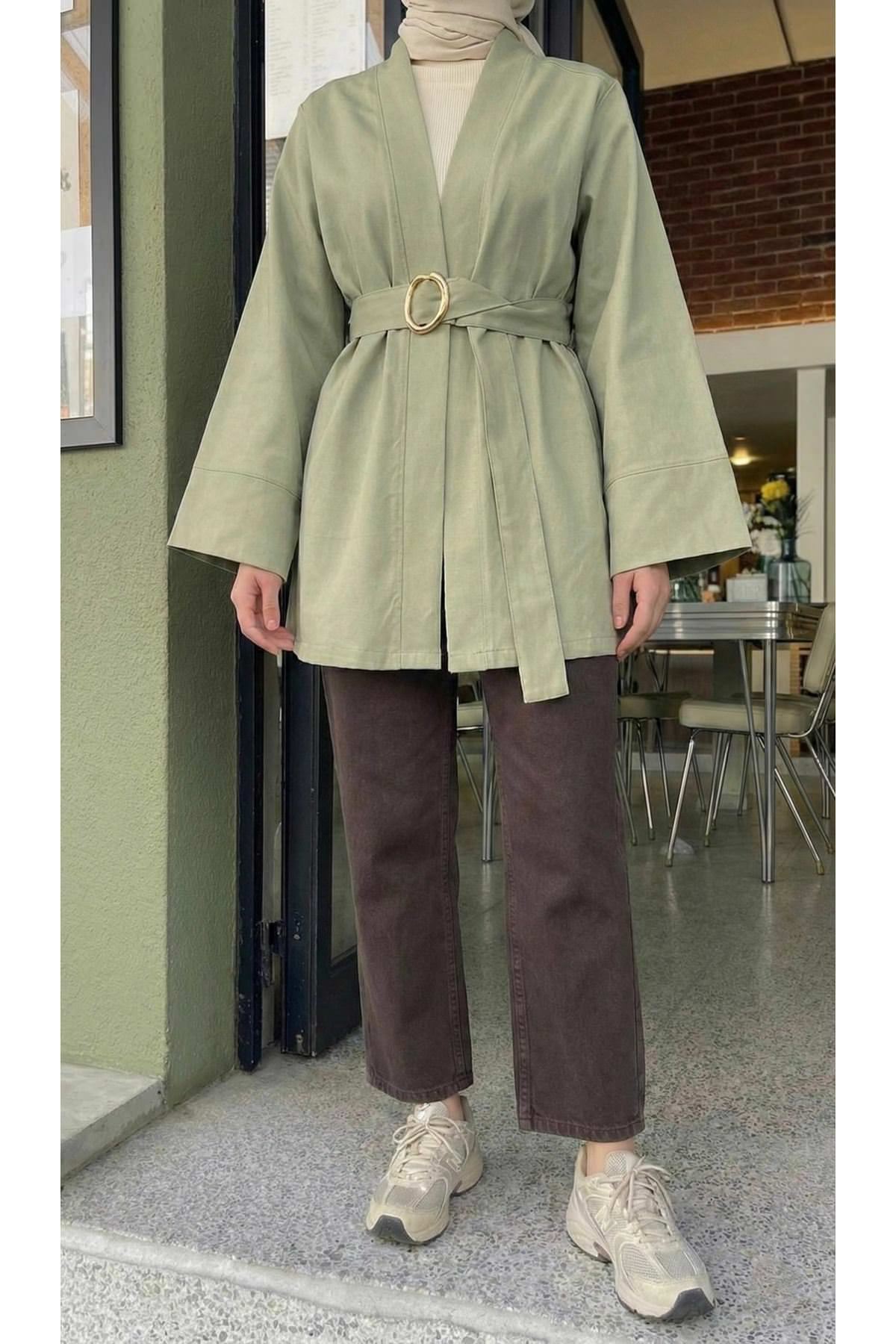 Geniş Manşet Kuşak Detay Ceket-Mint