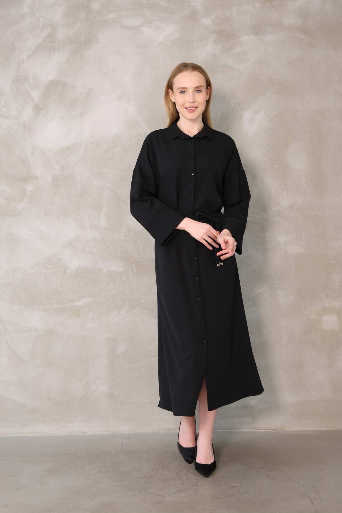 Takma Manşet Dabıl Elbise-Siyah