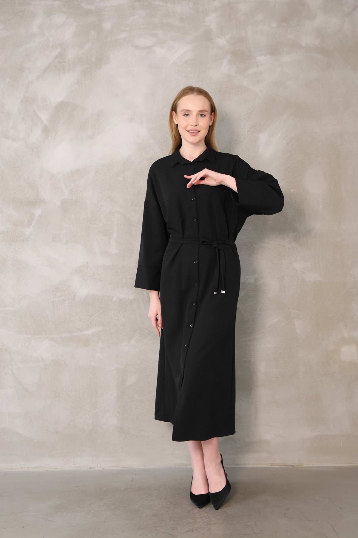 Takma Manşet Dabıl Elbise-Siyah