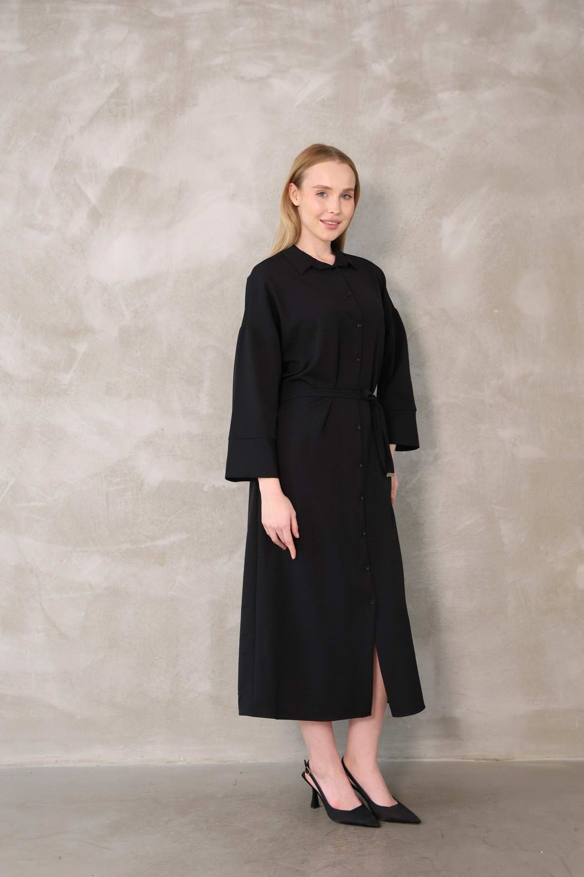 Takma Manşet Dabıl Elbise-Siyah