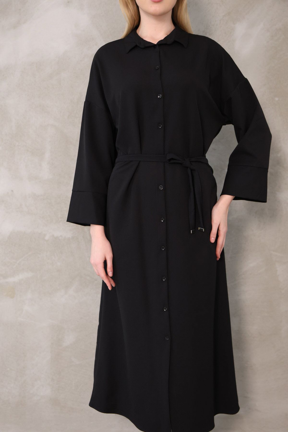 Takma Manşet Dabıl Elbise-Siyah