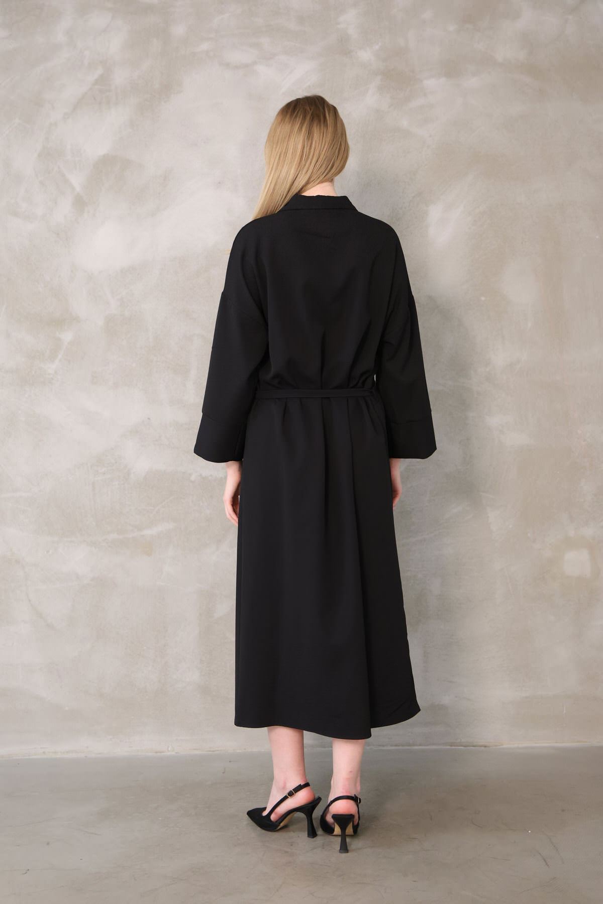 Takma Manşet Dabıl Elbise-Siyah