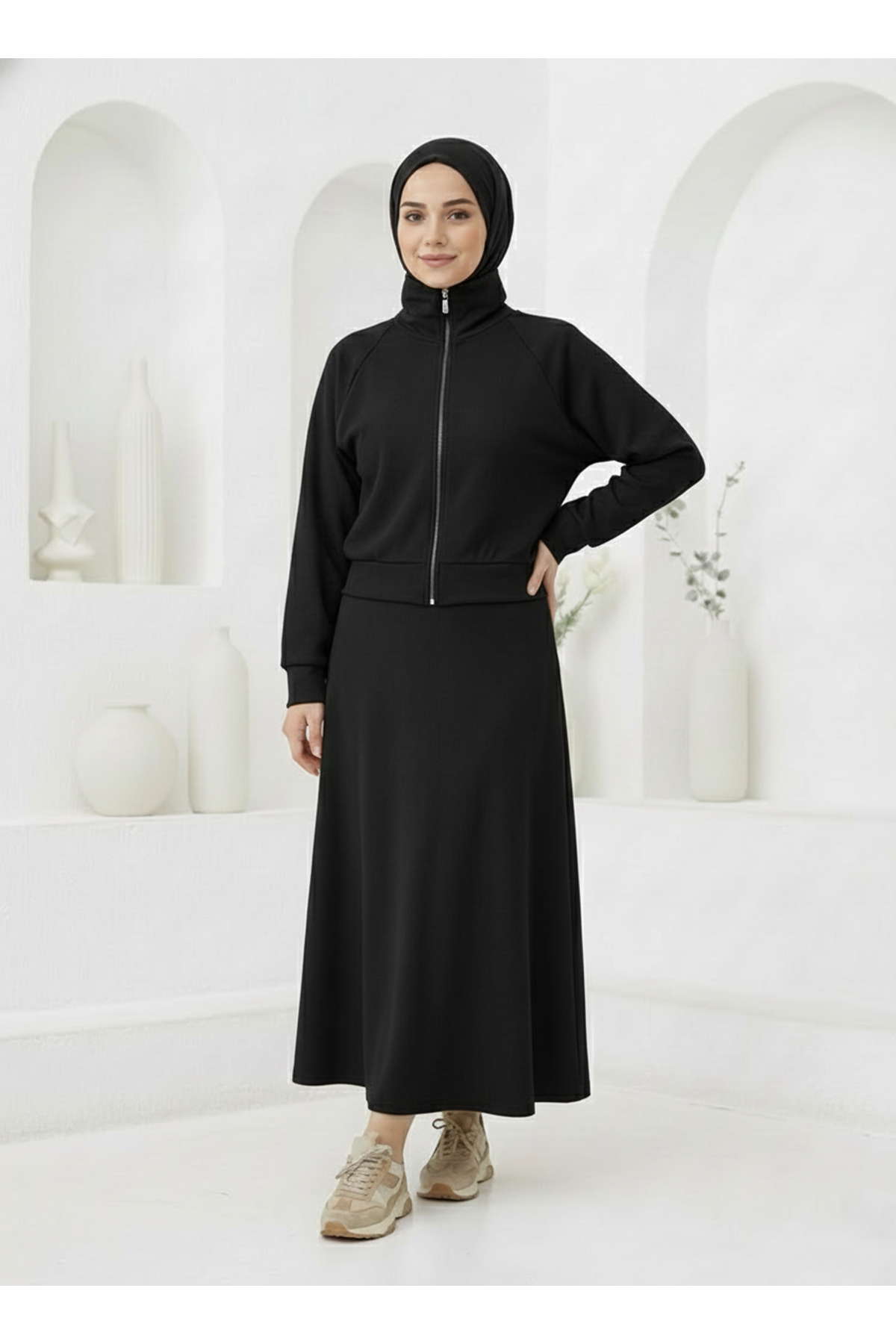 Fermuar Detay Etekli Takım-Siyah