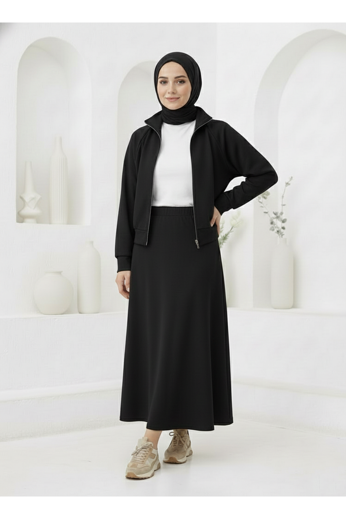 Fermuar Detay Etekli Takım-Siyah