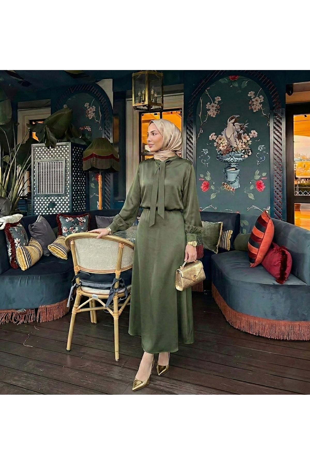 Yaka Bağlamalı Saten Etekli Takım-Haki