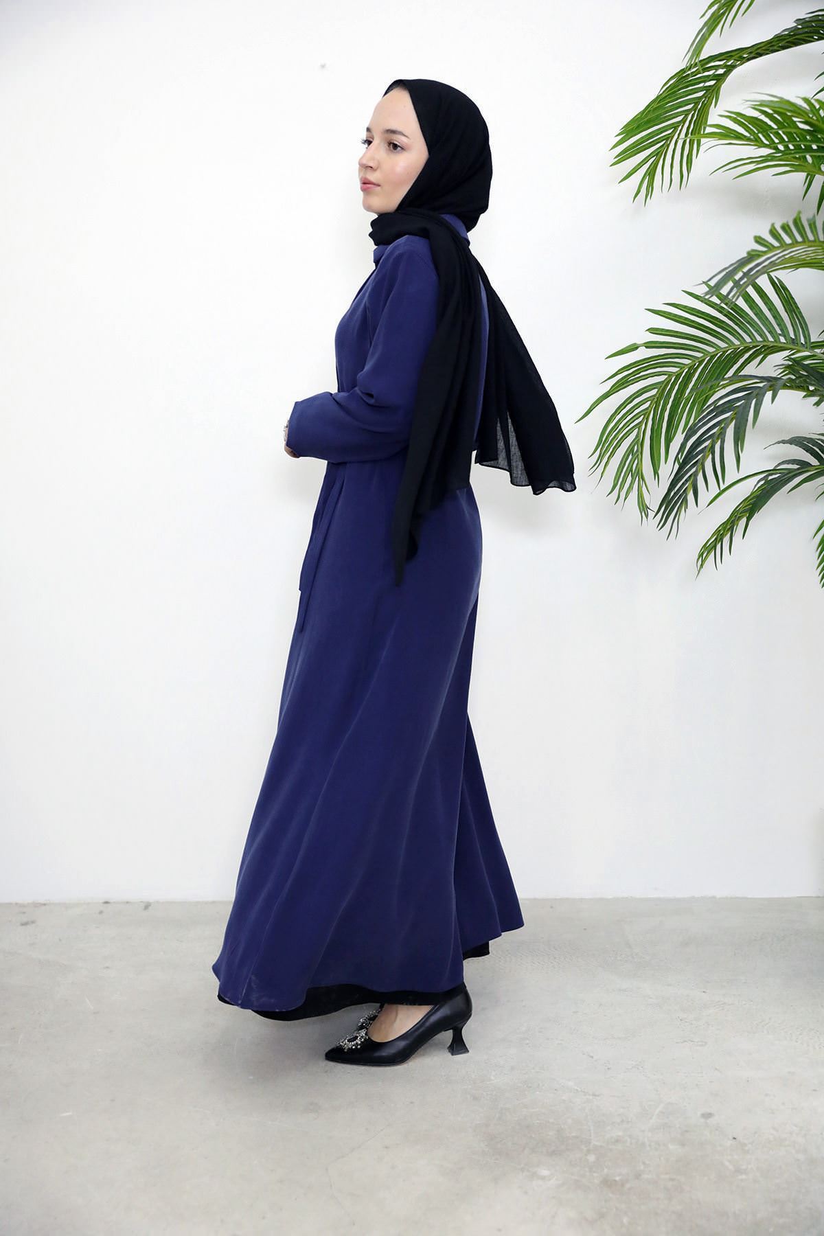 Yakalı Yandan Bağlamalı Elbise-Lacivert