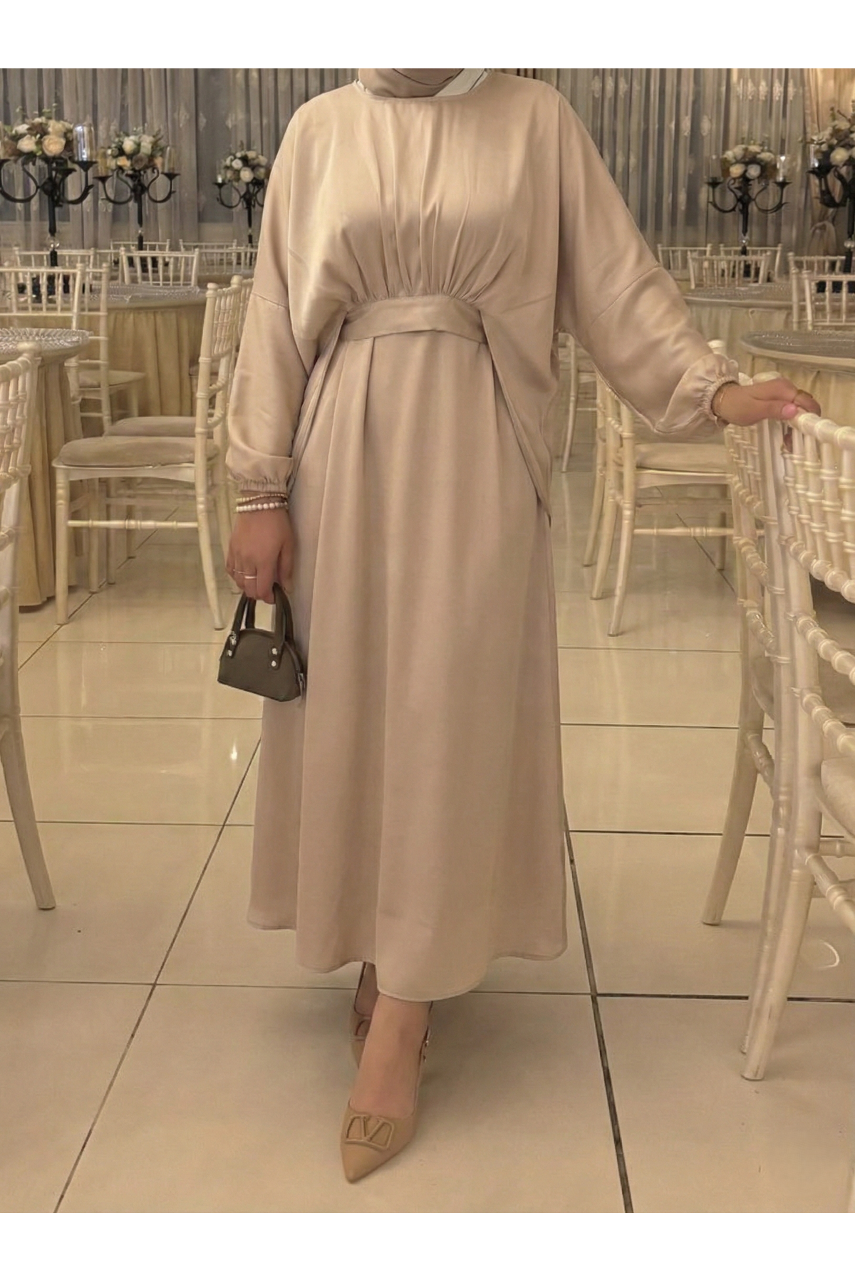 Bağlama Detaylı İkili Saten Elbise-Taş