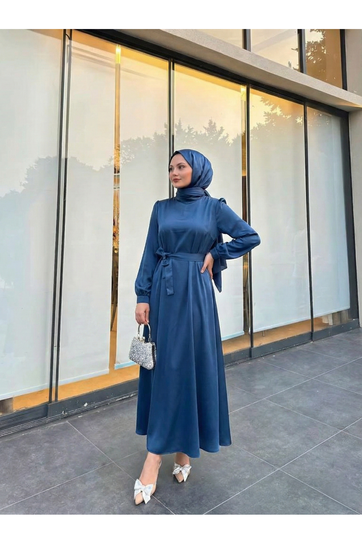 Kuşak Detay Saten Elbise-Petrol Mavisi